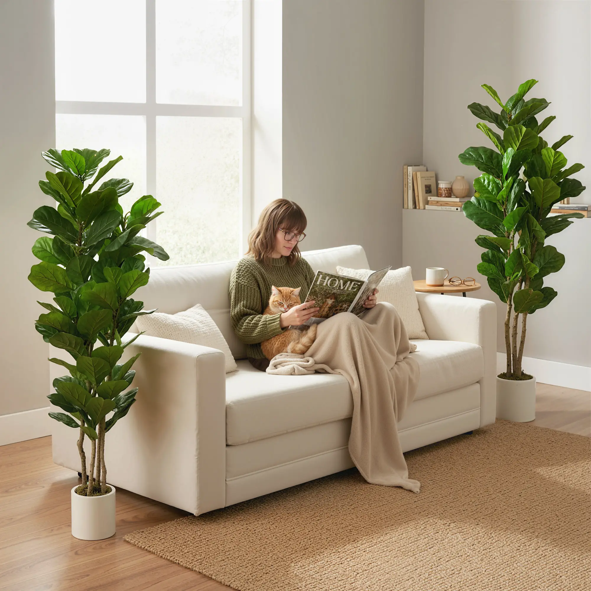 5FT Artificial Fiddle Leaf Fig Tree Set Of 2, Fake Potted Tree, Green - Image 9
