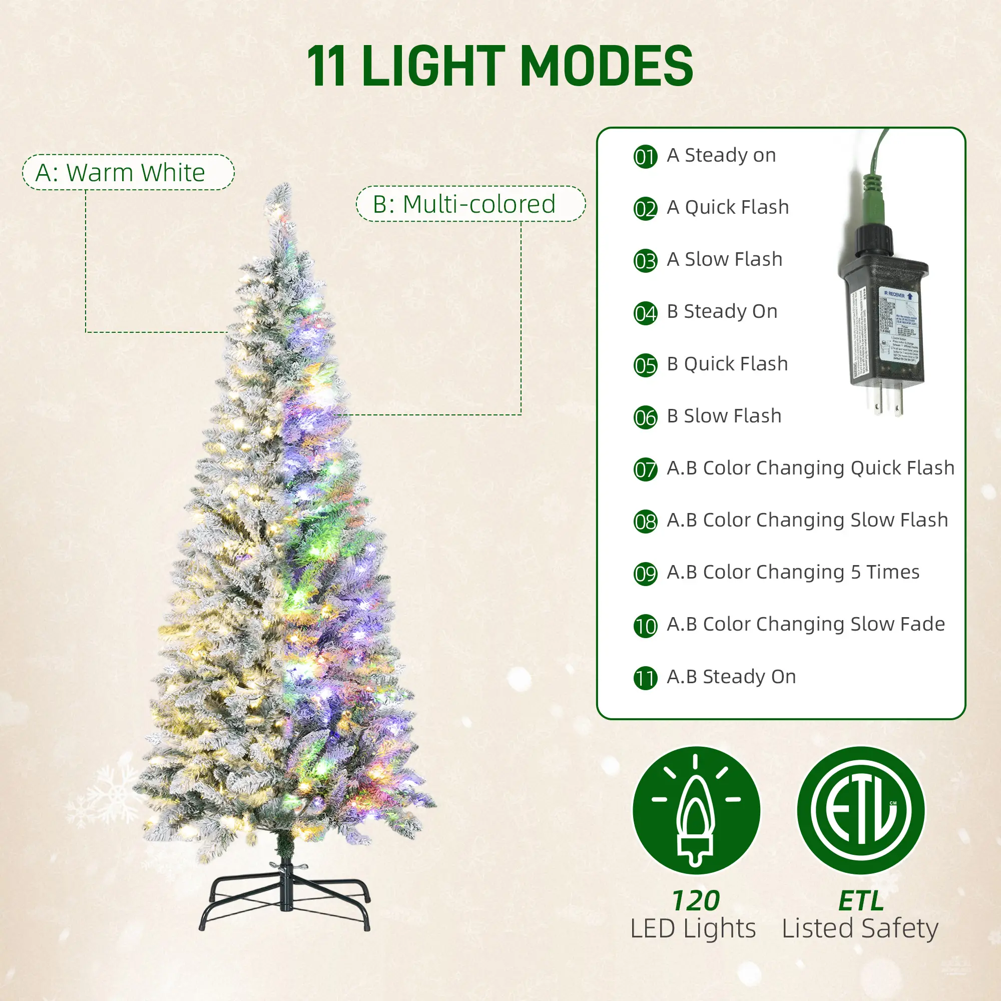 5ft Flocked Christmas Tree, Dual Color LED Light, 11 Modes, Easy Assembly, Color - Image 5