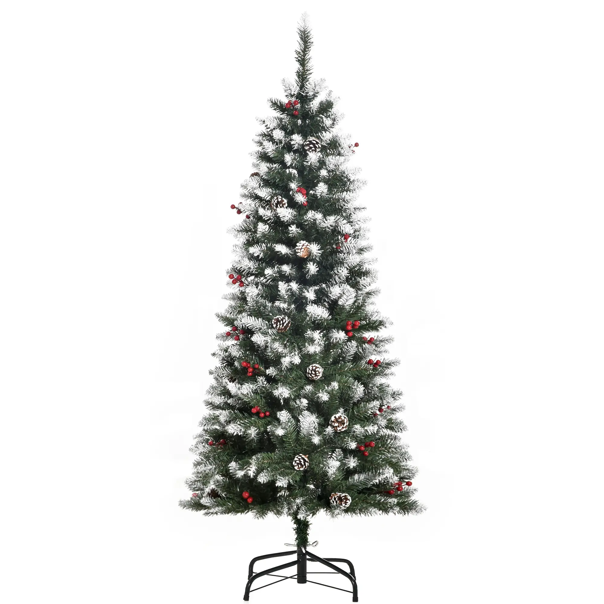 5ft Flocked Christmas Tree, Red Berries Pine Cones, Pencil Shape, Green