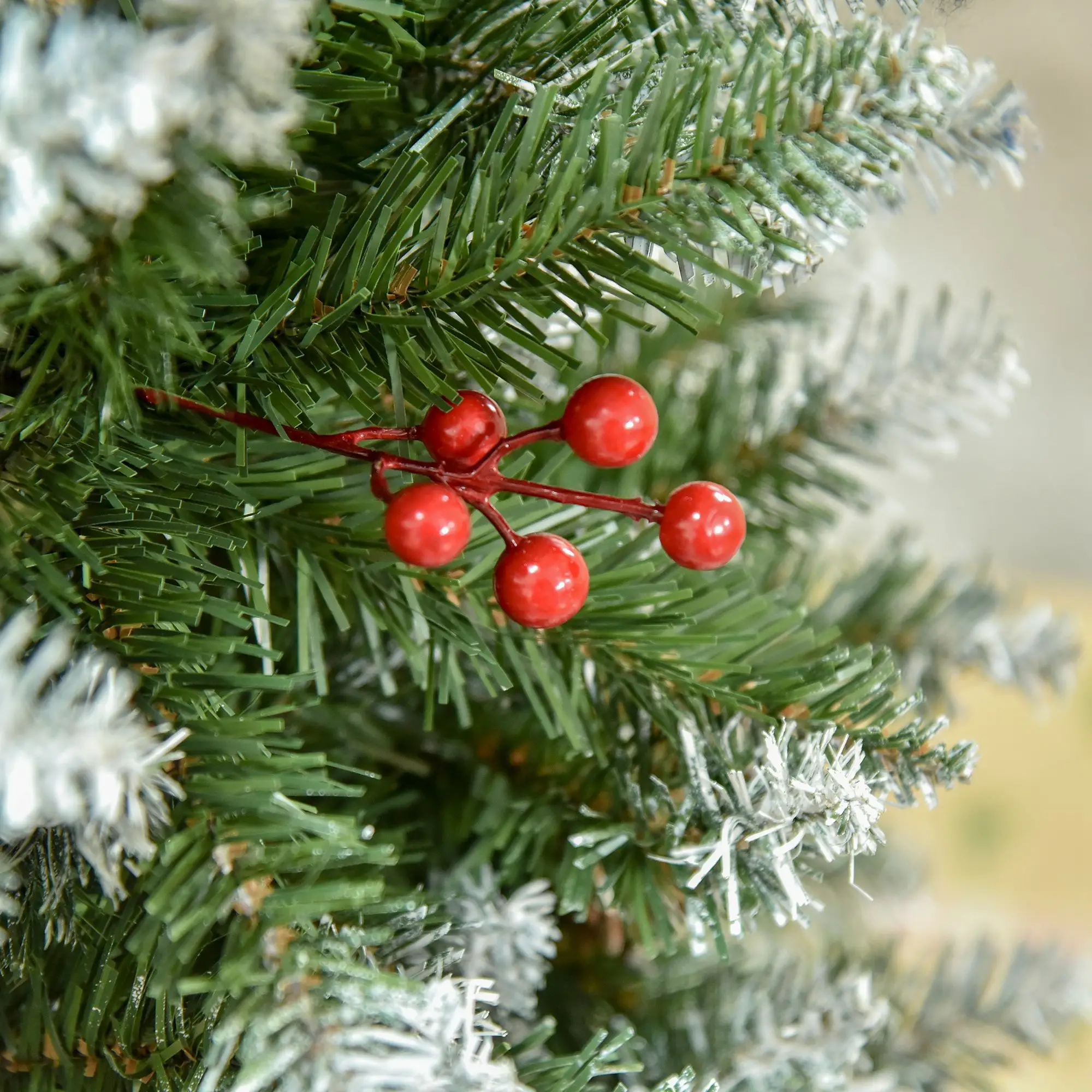 5ft Flocked Christmas Tree, Red Berries Pine Cones, Pencil Shape, Green - Image 10