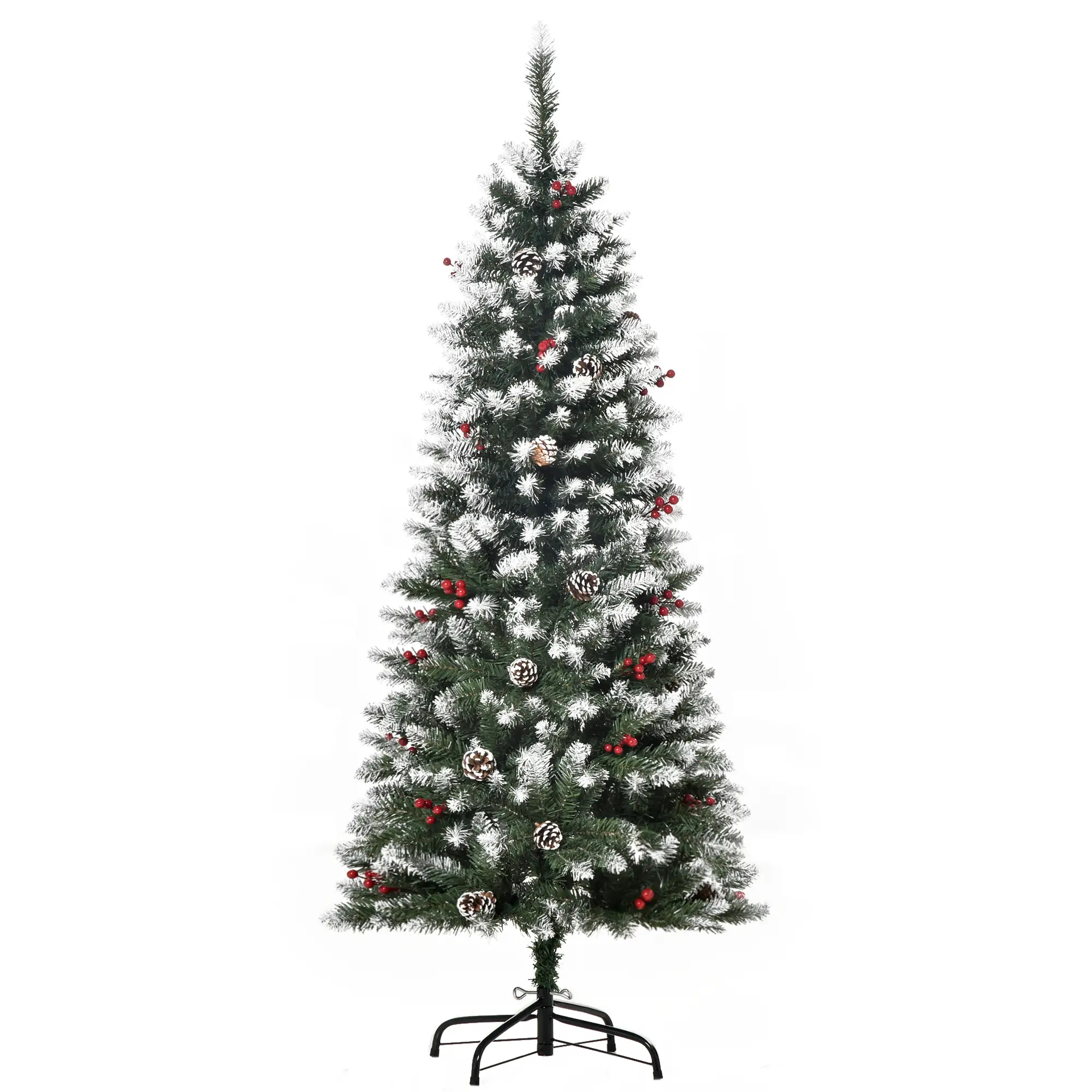 5ft Flocked Christmas Tree, Red Berries Pine Cones, Pencil Shape, Green - Image 11