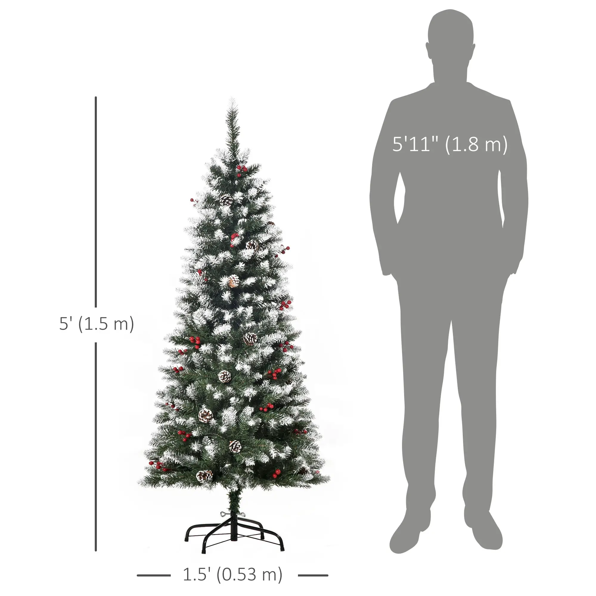 5ft Flocked Christmas Tree, Red Berries Pine Cones, Pencil Shape, Green - Image 3