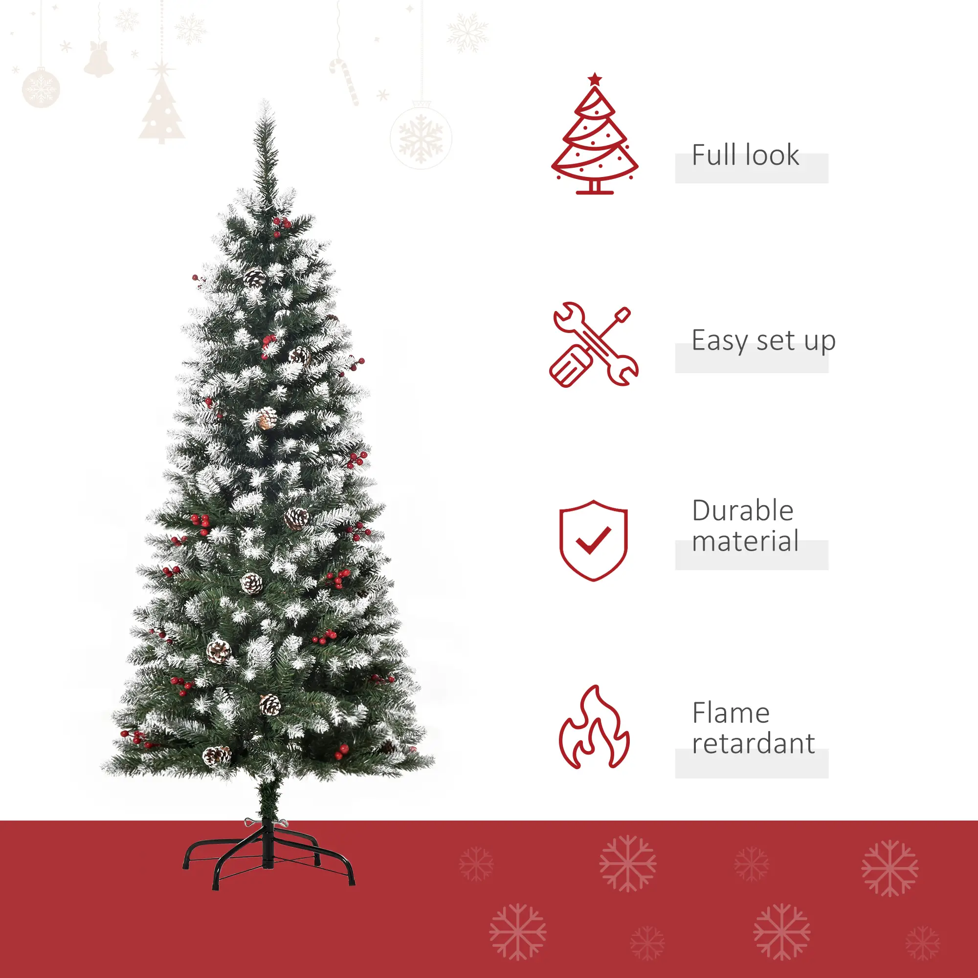 5ft Flocked Christmas Tree, Red Berries Pine Cones, Pencil Shape, Green - Image 4