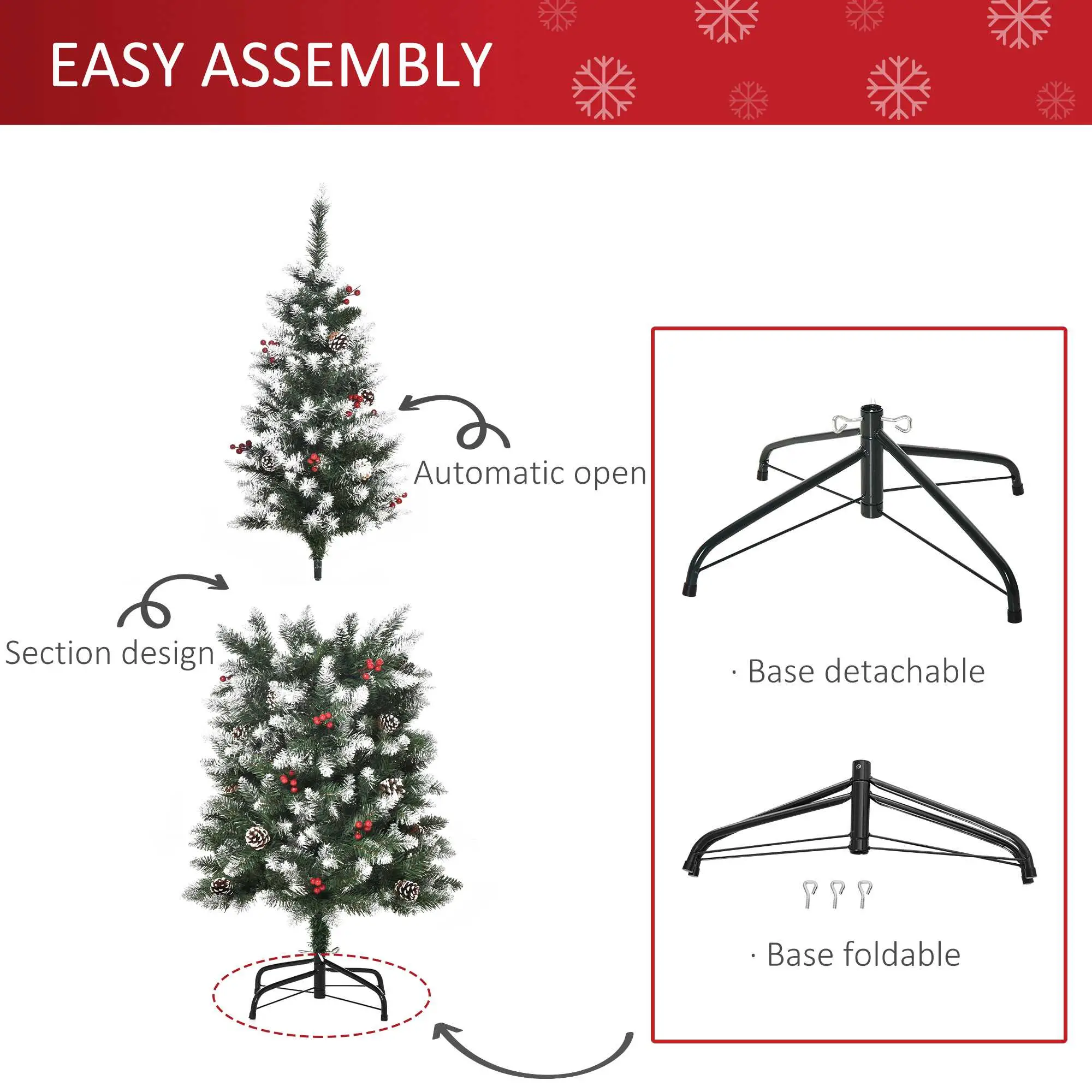 5ft Flocked Christmas Tree, Red Berries Pine Cones, Pencil Shape, Green - Image 6