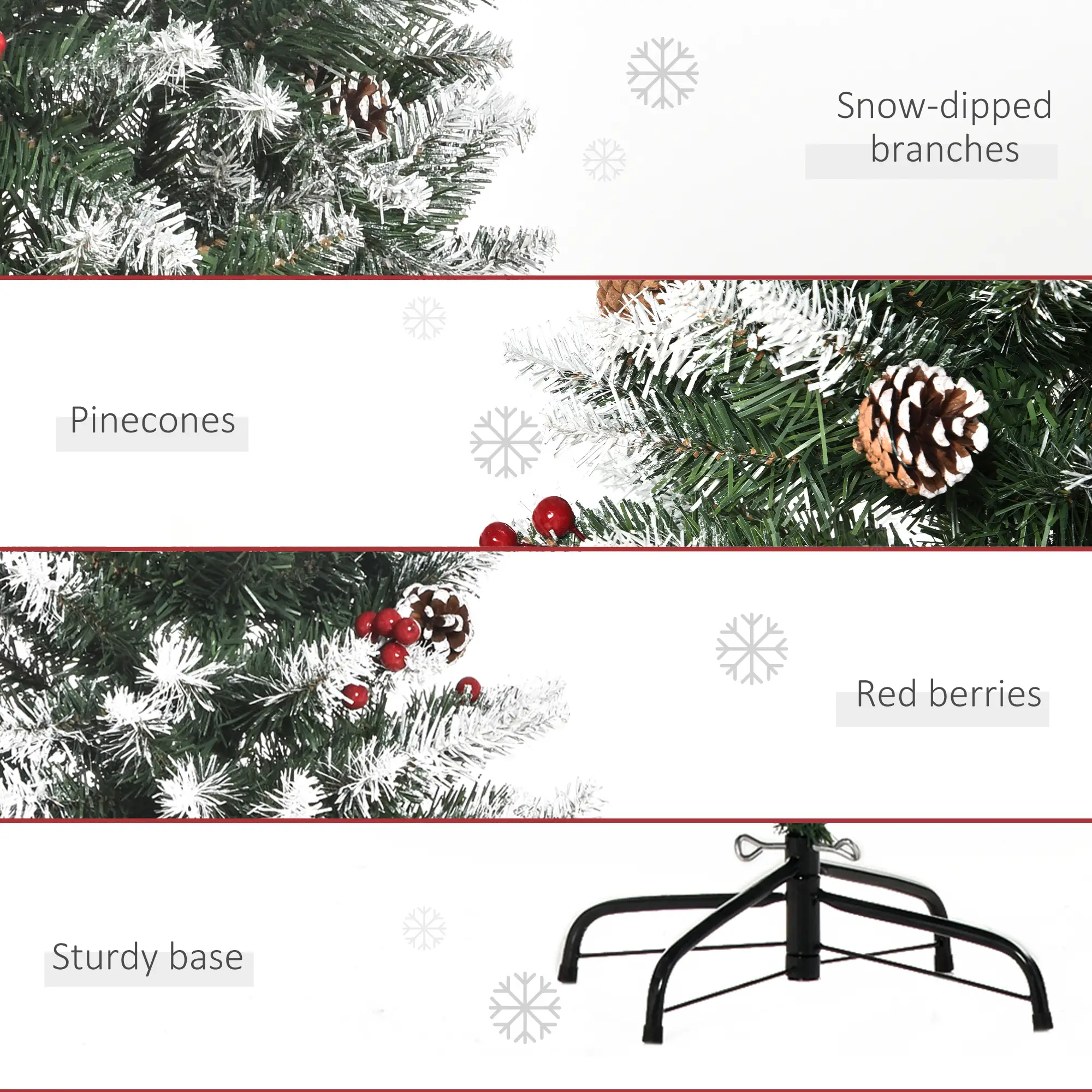 5ft Flocked Christmas Tree, Red Berries Pine Cones, Pencil Shape, Green - Image 7
