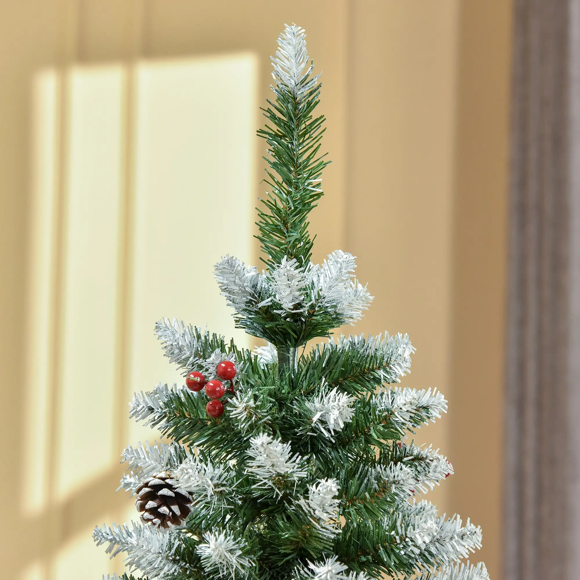 5ft Flocked Christmas Tree, Red Berries Pine Cones, Pencil Shape, Green - Image 9