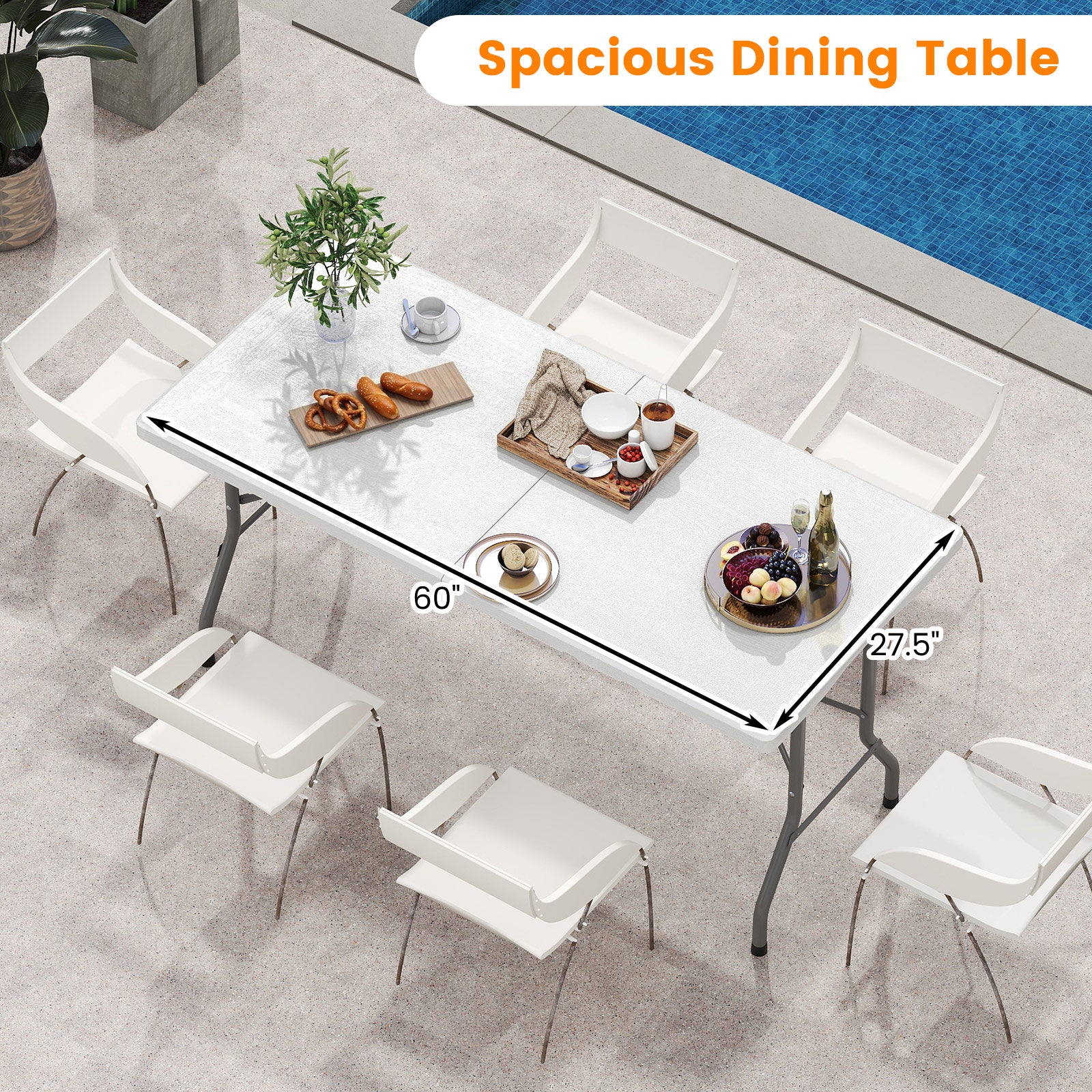 5FT Folding Picnic Table with Wood Grain HDPE Tabletop and Non-slip Foot Pads-WH, White - Image 10