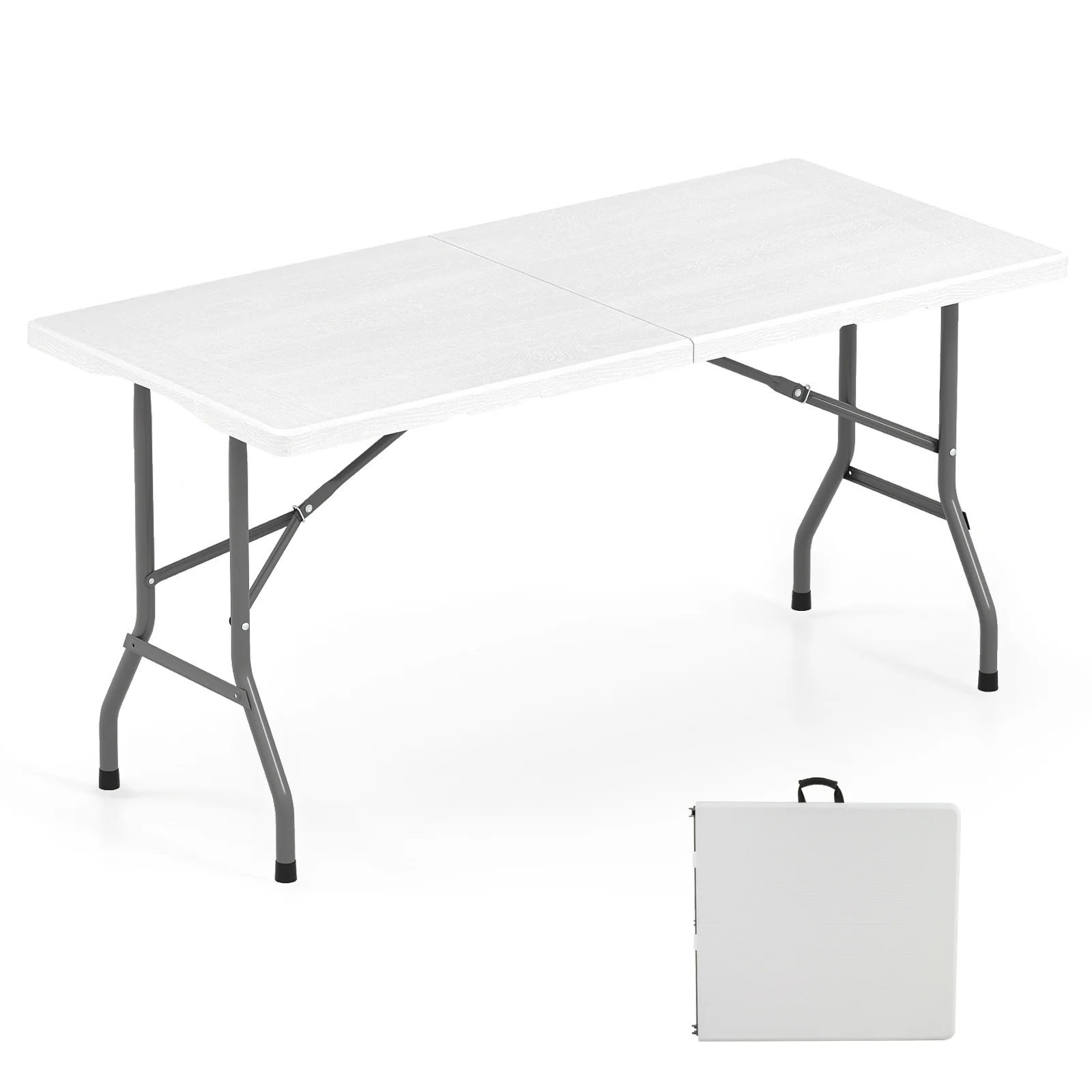 5FT Folding Picnic Table with Wood Grain HDPE Tabletop and Non-slip Foot Pads-WH, White - Image 3