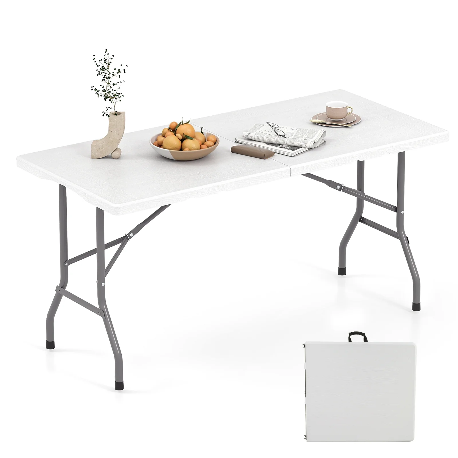5FT Folding Picnic Table with Wood Grain HDPE Tabletop and Non-slip Foot Pads-WH, White - Image 4