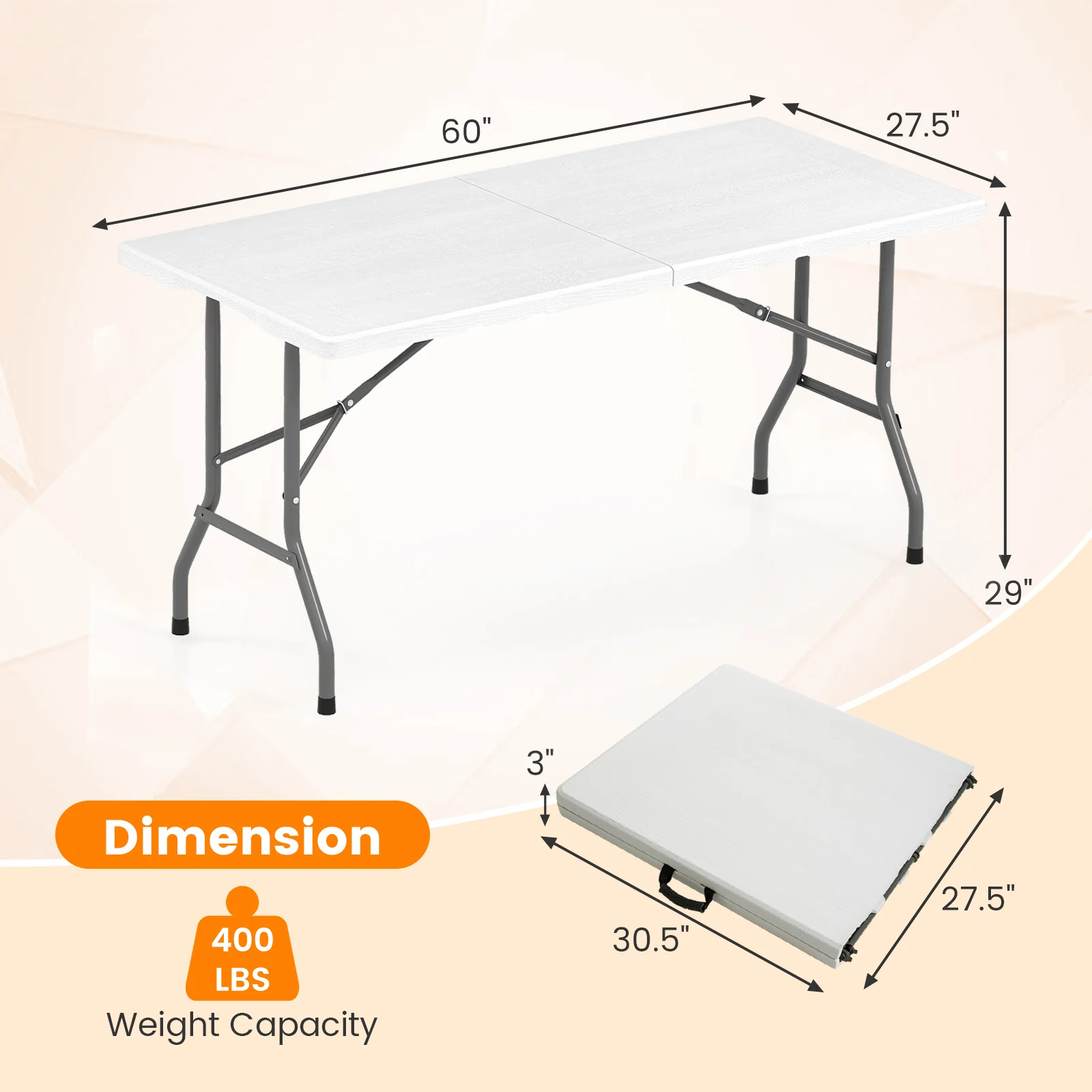 5FT Folding Picnic Table with Wood Grain HDPE Tabletop and Non-slip Foot Pads-WH, White - Image 5