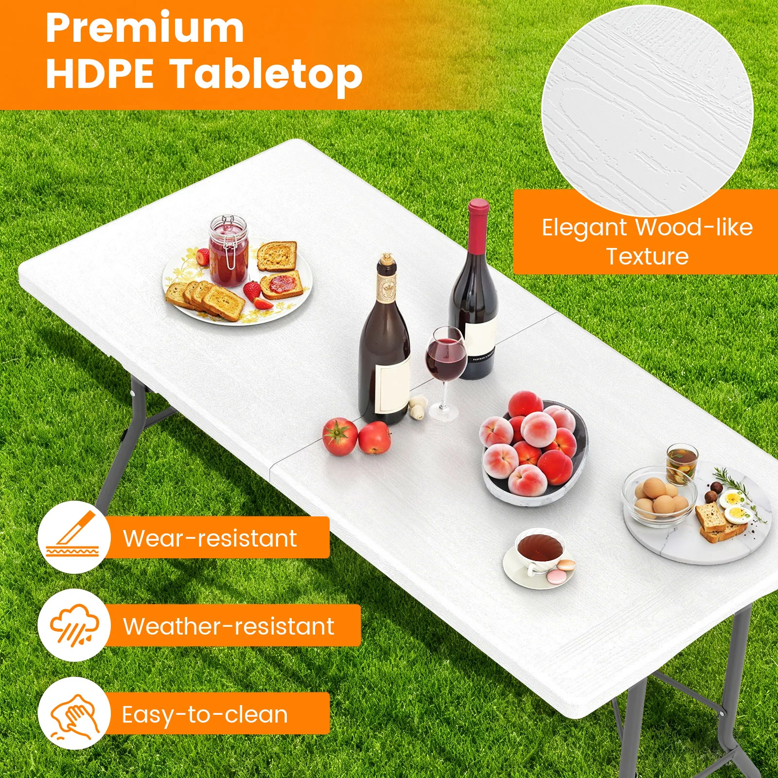 5FT Folding Picnic Table with Wood Grain HDPE Tabletop and Non-slip Foot Pads-WH, White - Image 6