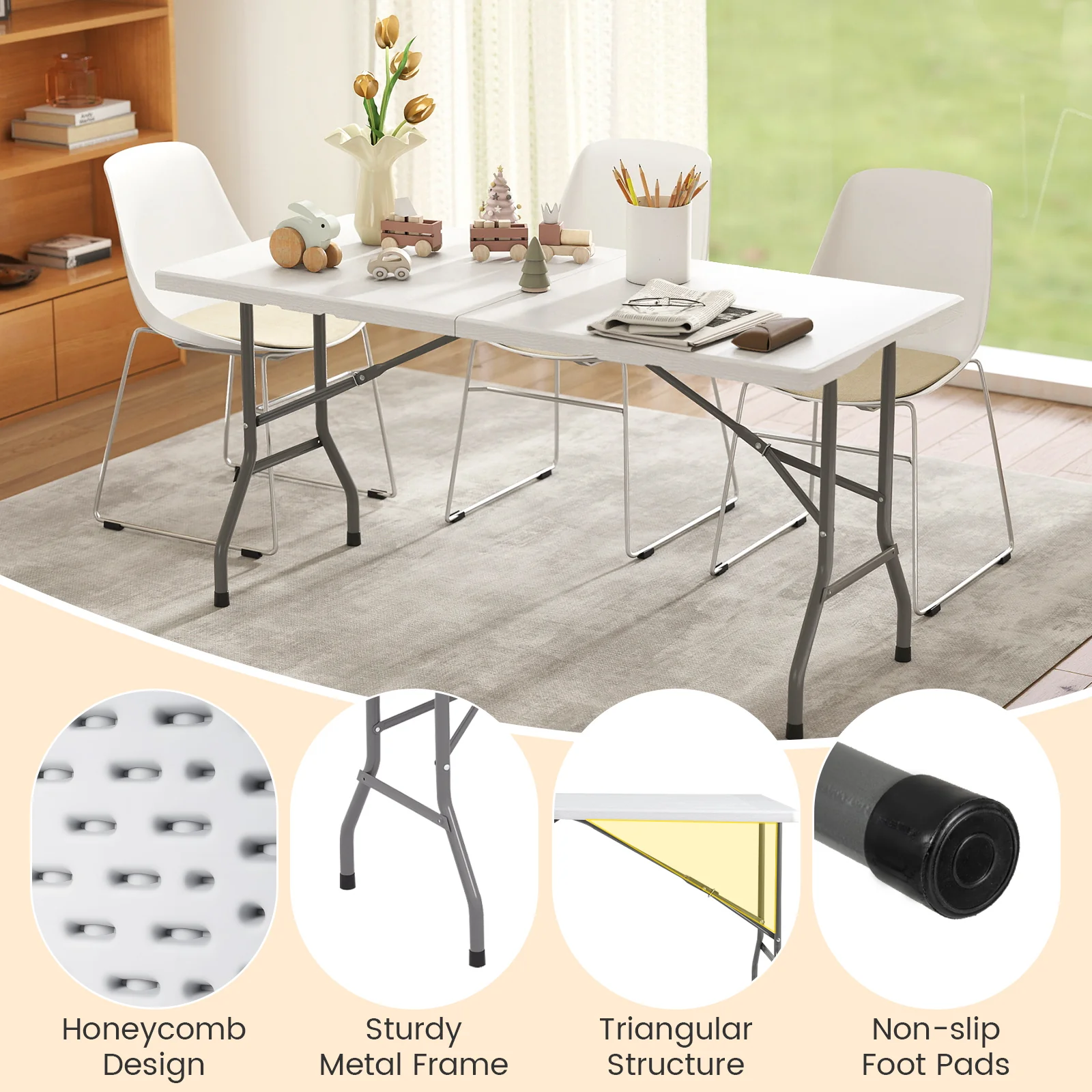 5FT Folding Picnic Table with Wood Grain HDPE Tabletop and Non-slip Foot Pads-WH, White - Image 7