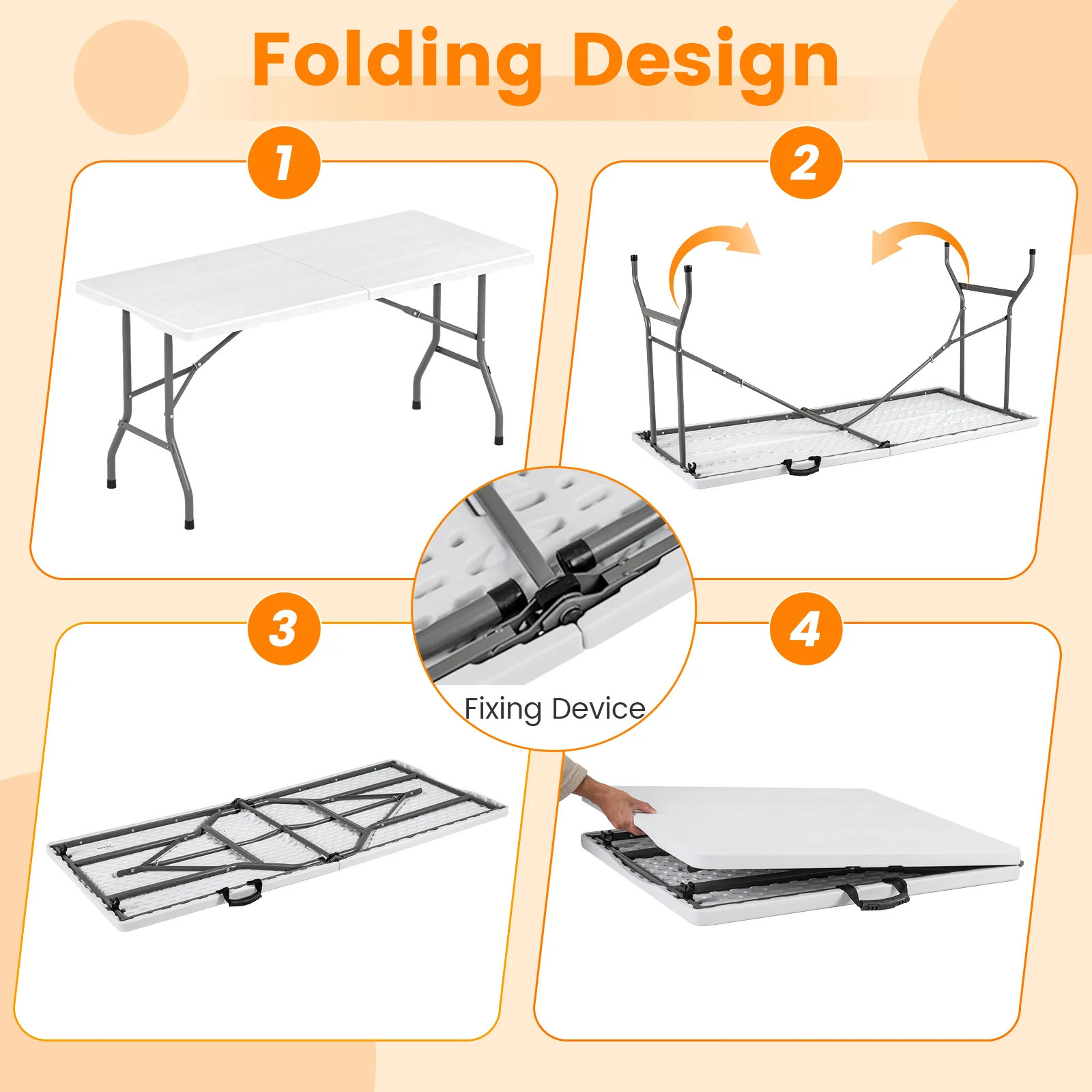 5FT Folding Picnic Table with Wood Grain HDPE Tabletop and Non-slip Foot Pads-WH, White - Image 8