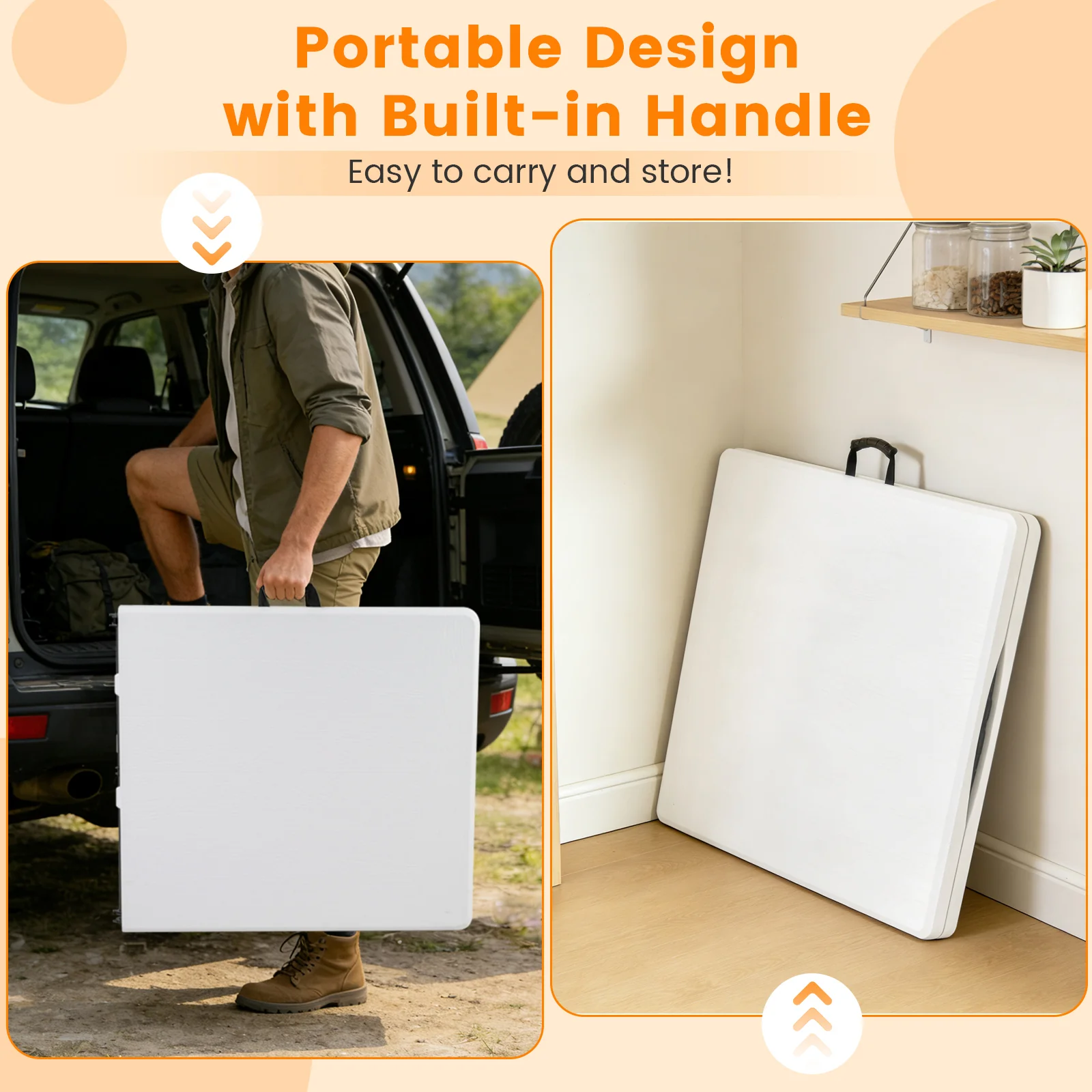 5FT Folding Picnic Table with Wood Grain HDPE Tabletop and Non-slip Foot Pads-WH, White - Image 9