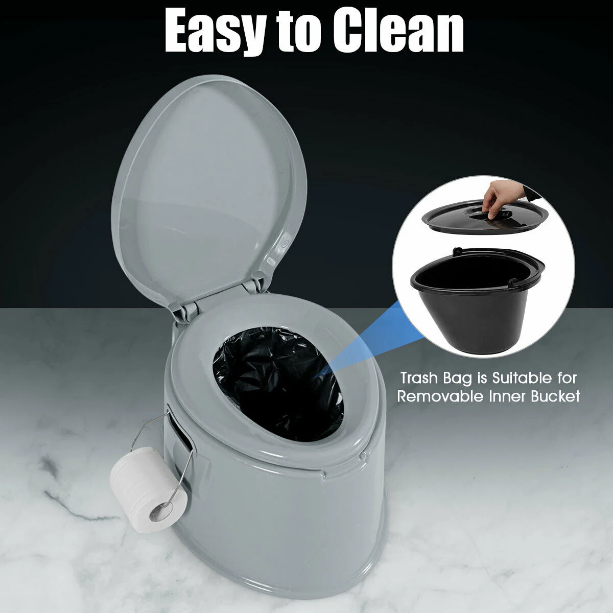 5L Portable Travel Toilet With Paper Holder, Gray - Image 8