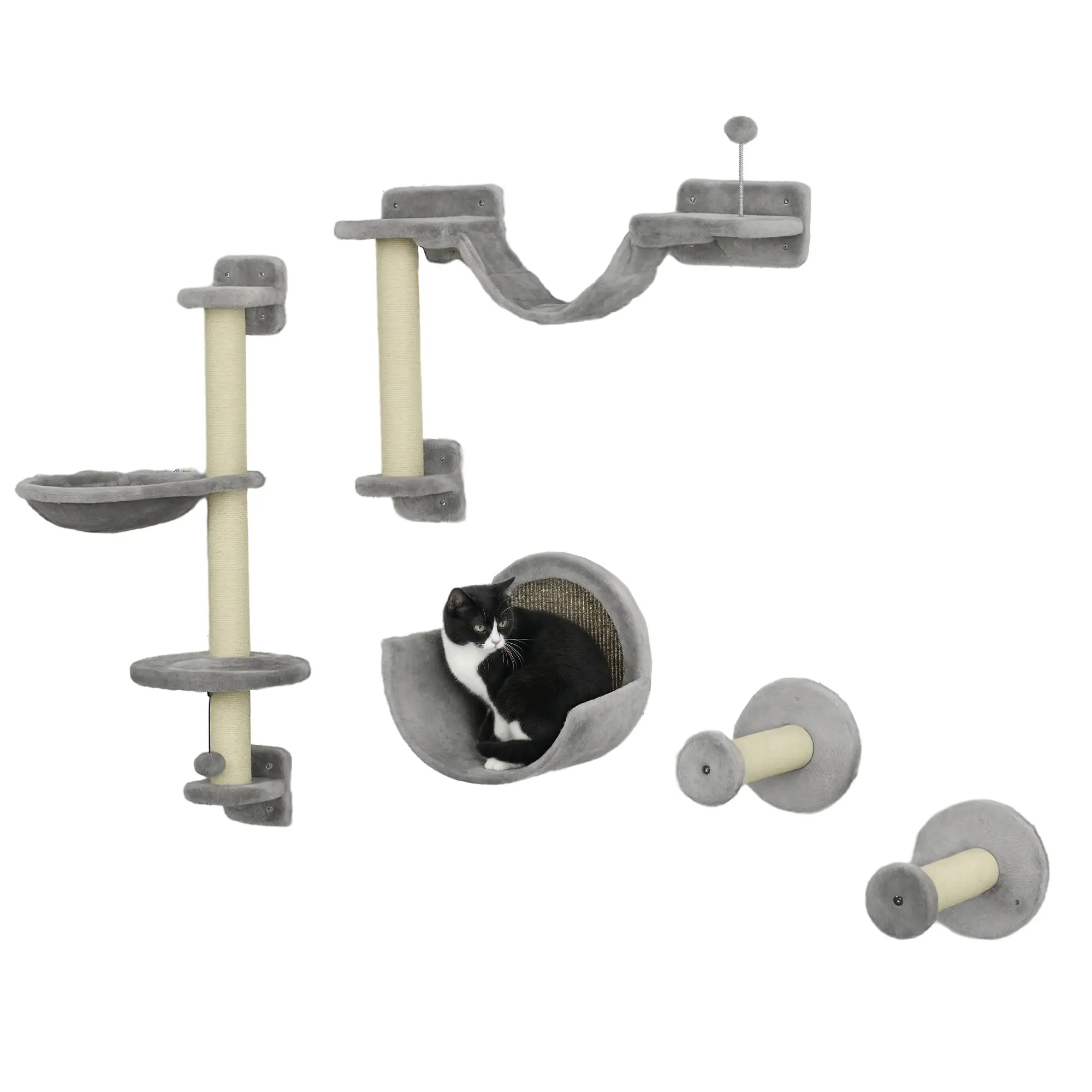 5PCs Cat Wall Shelves, Hammock, Scratching Posts, Perches, Ladder, Light Grey - Image 11