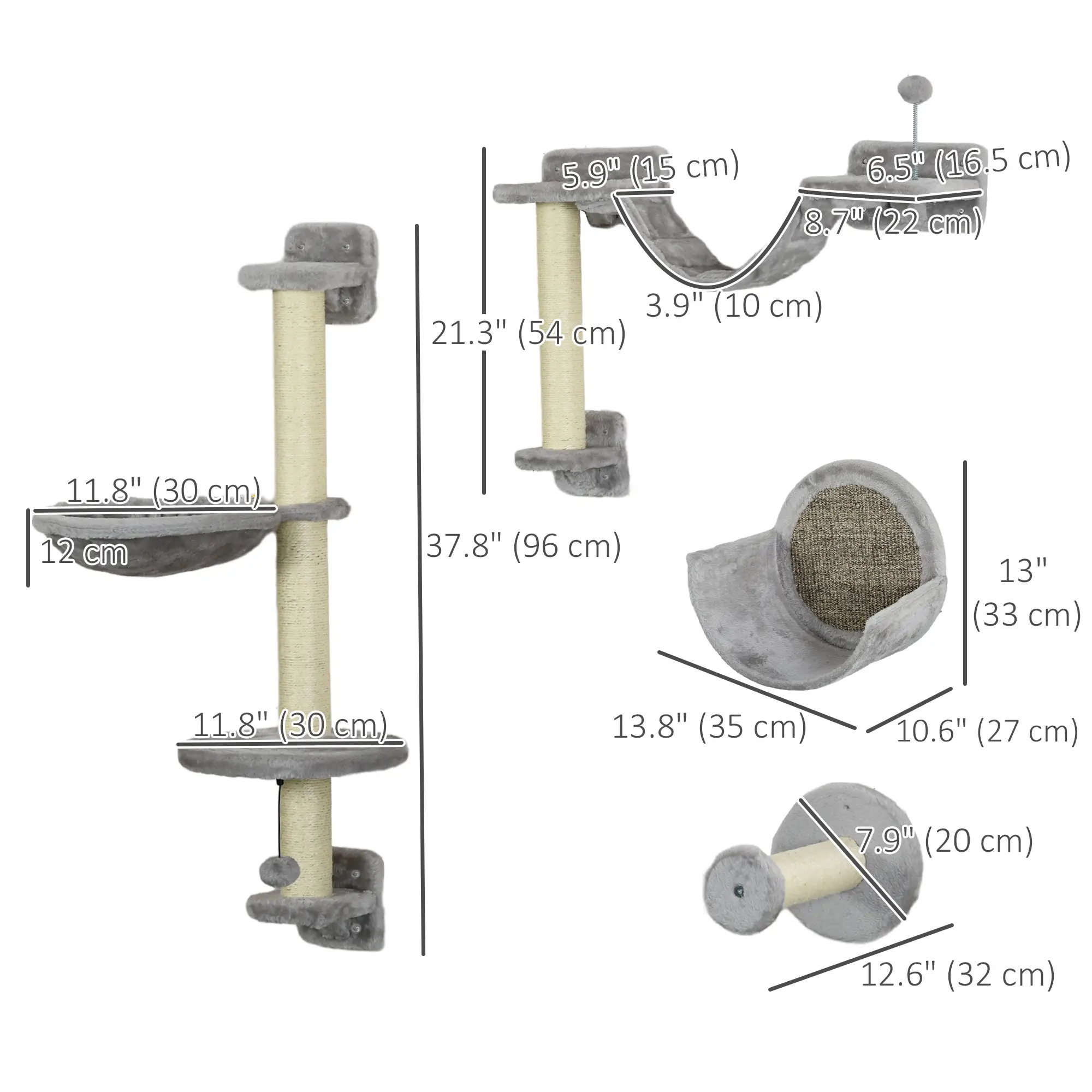5PCs Cat Wall Shelves, Hammock, Scratching Posts, Perches, Ladder, Light Grey - Image 3