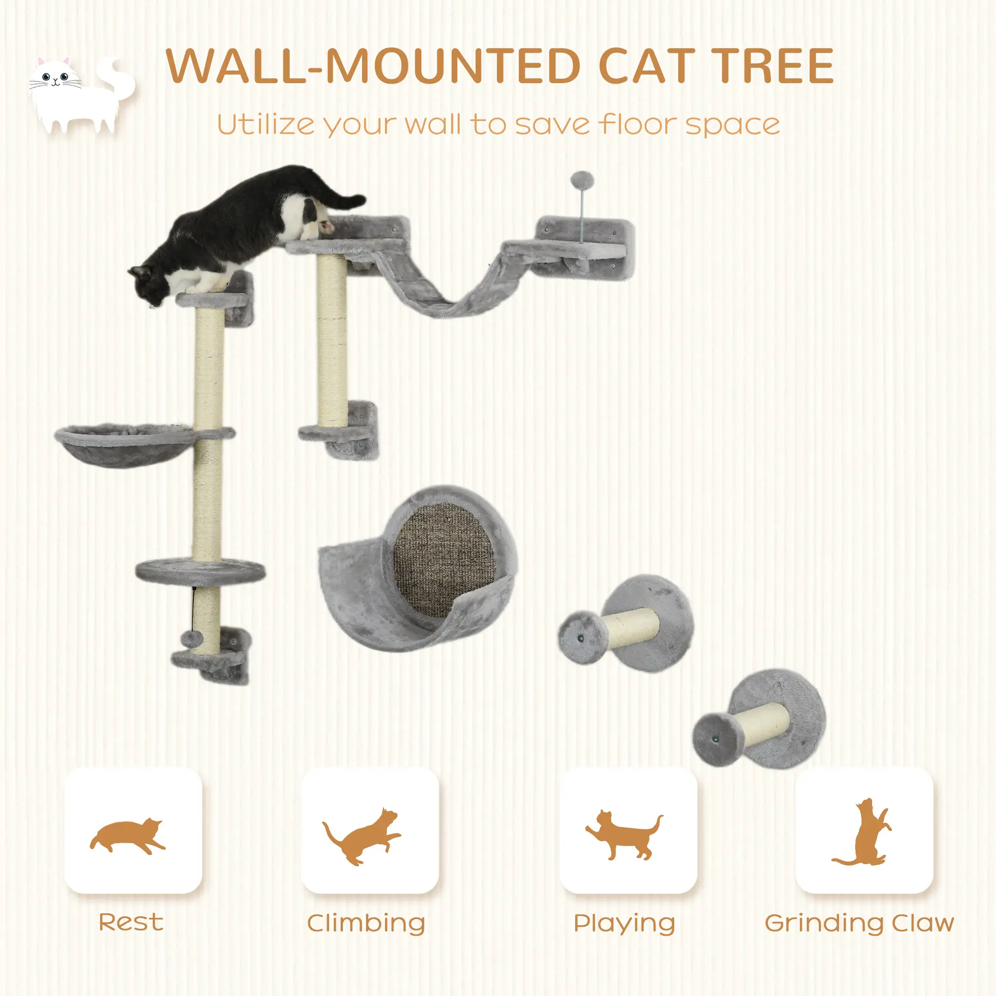 5PCs Cat Wall Shelves, Hammock, Scratching Posts, Perches, Ladder, Light Grey - Image 4