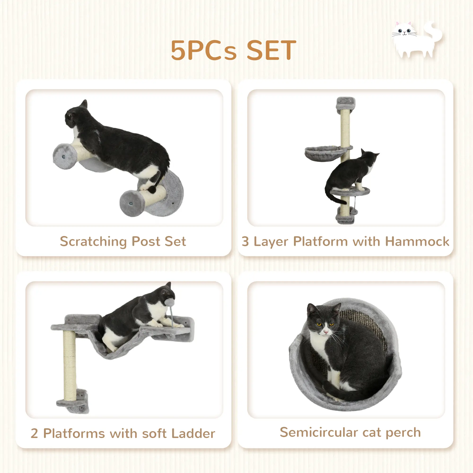 5PCs Cat Wall Shelves, Hammock, Scratching Posts, Perches, Ladder, Light Grey - Image 5
