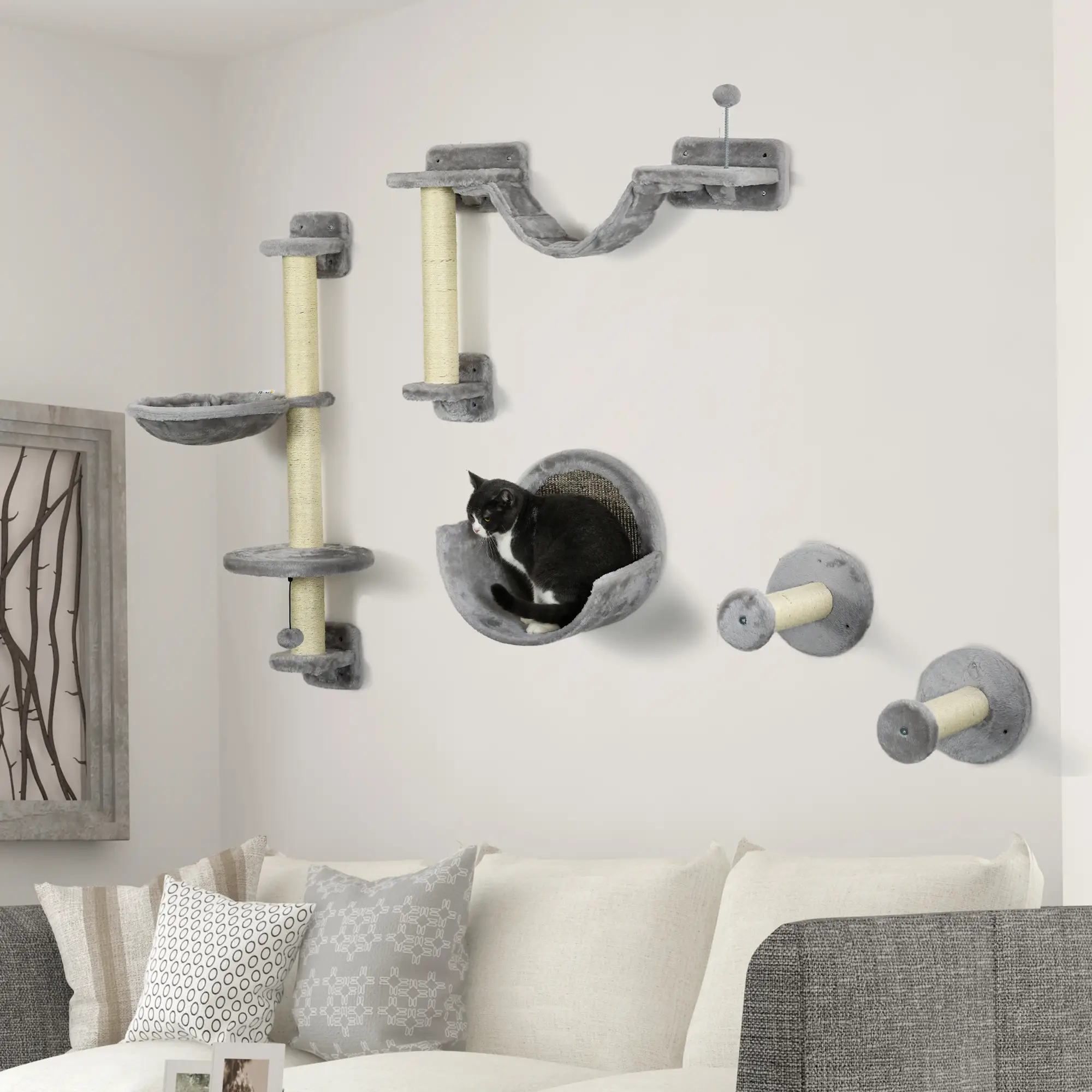 5PCs Cat Wall Shelves, Hammock, Scratching Posts, Perches, Ladder, Light Grey - Image 8