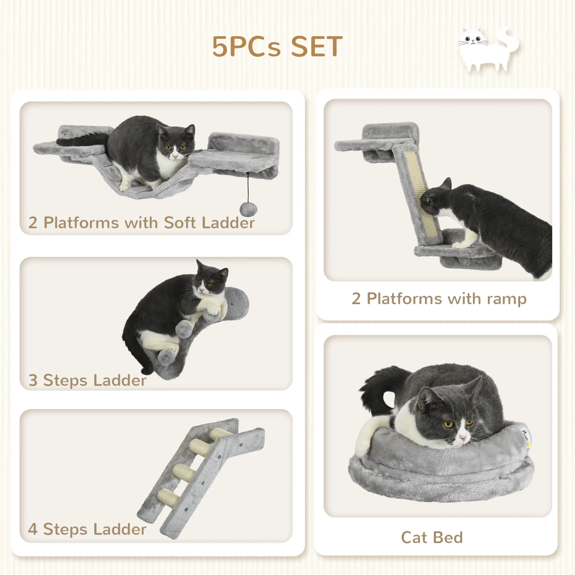 5PCs Cat Wall Shelves, Scratching Post, Ladder, Bed, Platform - Image 5