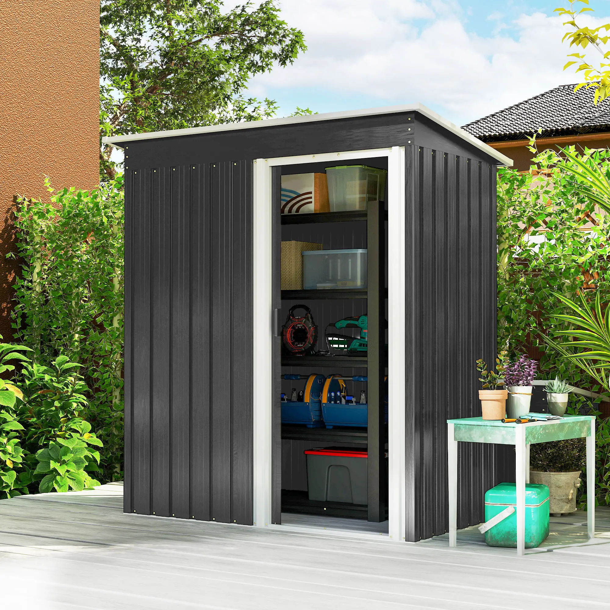 5x3 FT Outdoor Storage Shed, Sliding Door, Sloped Roof, Steel Frame, Black - Image 2