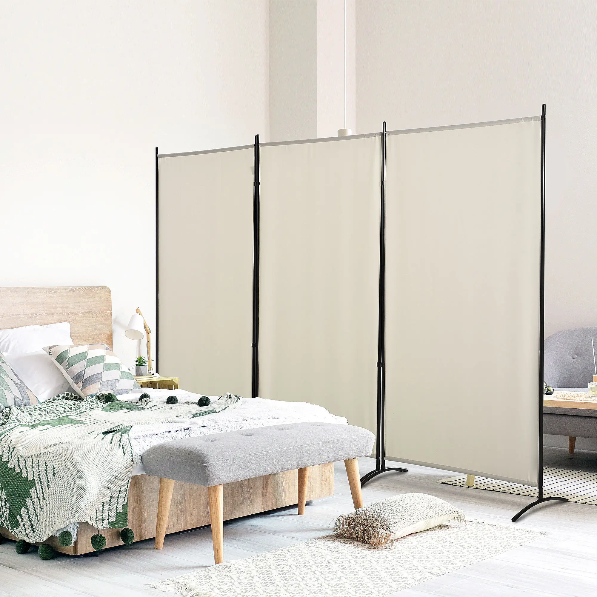 6' 3 Panel Room Divider, Double Hinged, Indoor Privacy Screen, Beige - Image 10