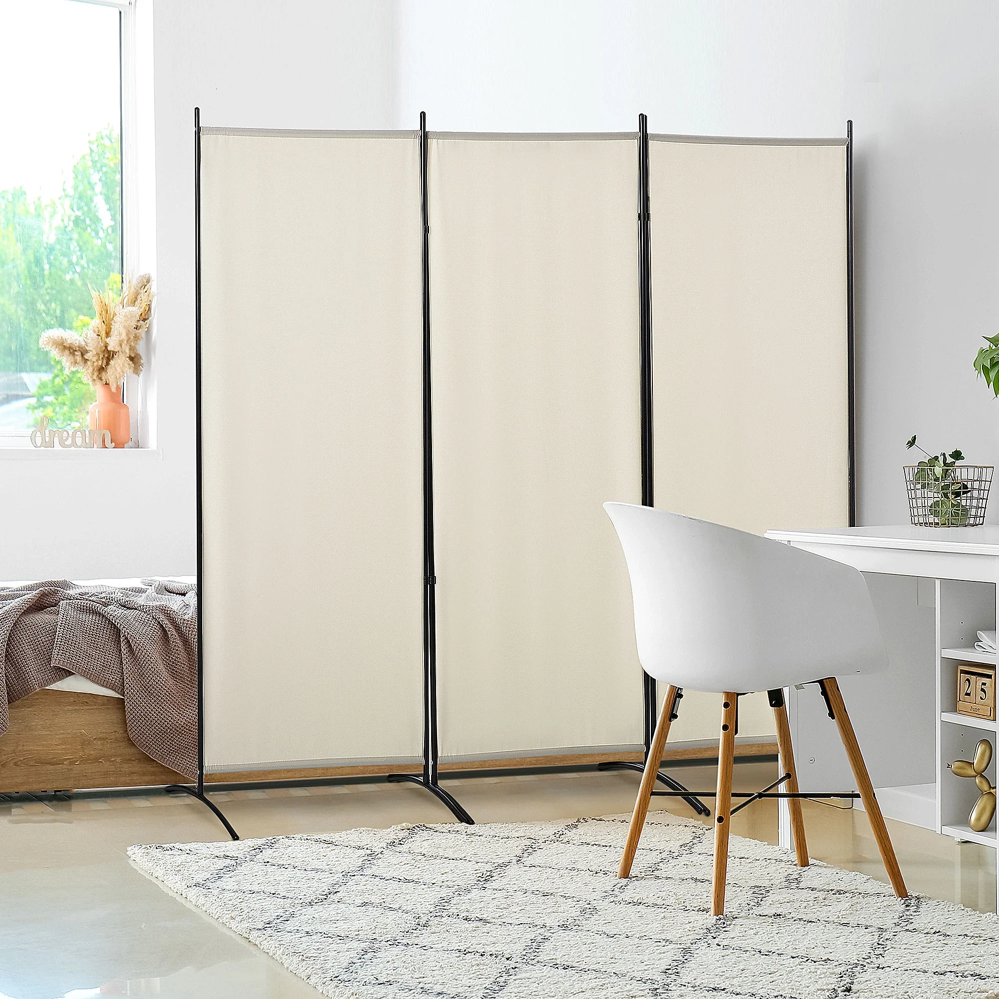 6' 3 Panel Room Divider, Double Hinged, Indoor Privacy Screen, Beige - Image 2