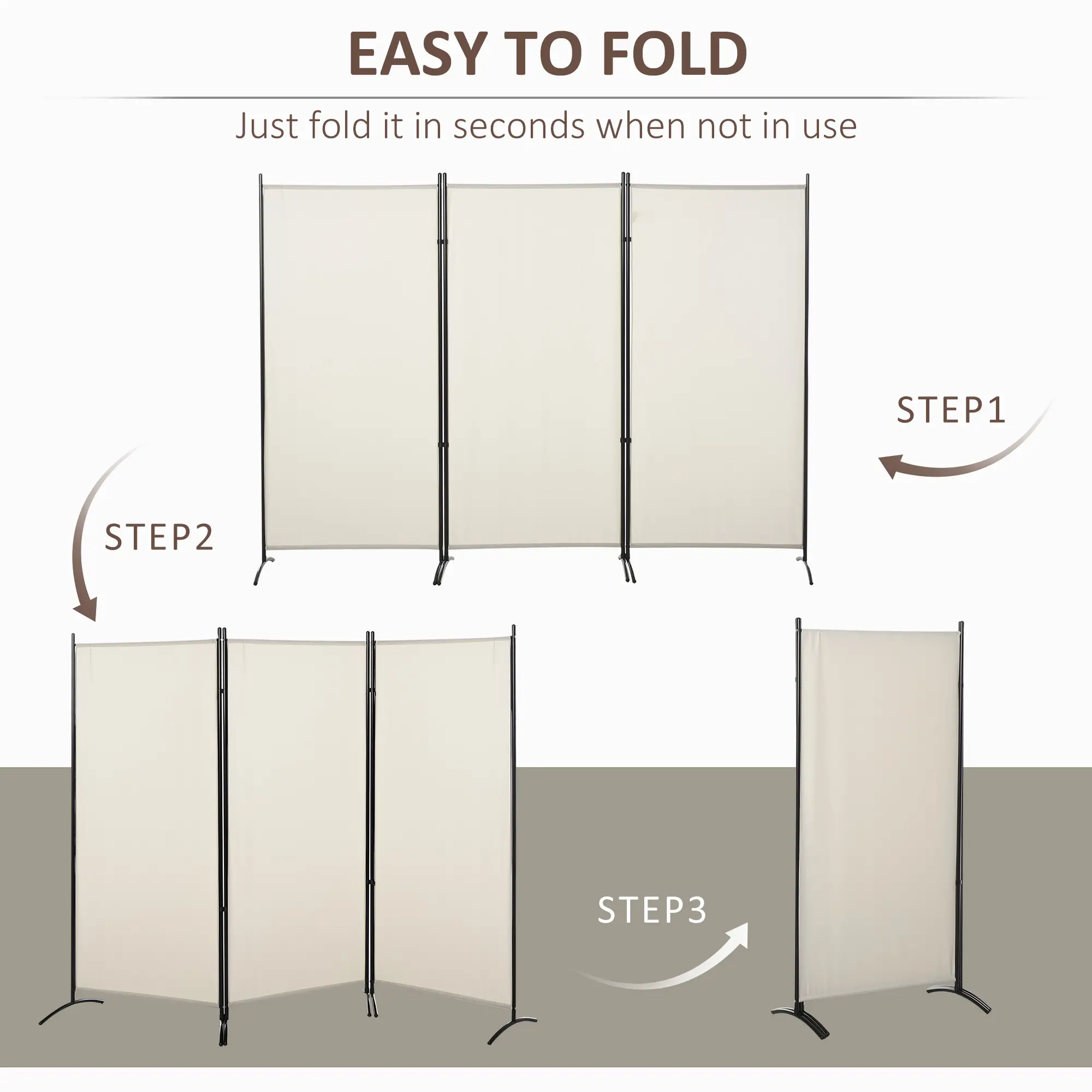 6' 3 Panel Room Divider, Double Hinged, Indoor Privacy Screen, Beige - Image 5