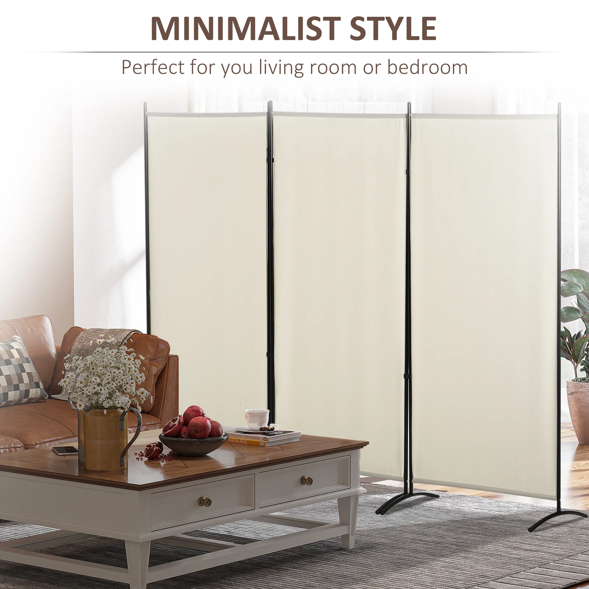6' 3 Panel Room Divider, Double Hinged, Indoor Privacy Screen, Beige - Image 7