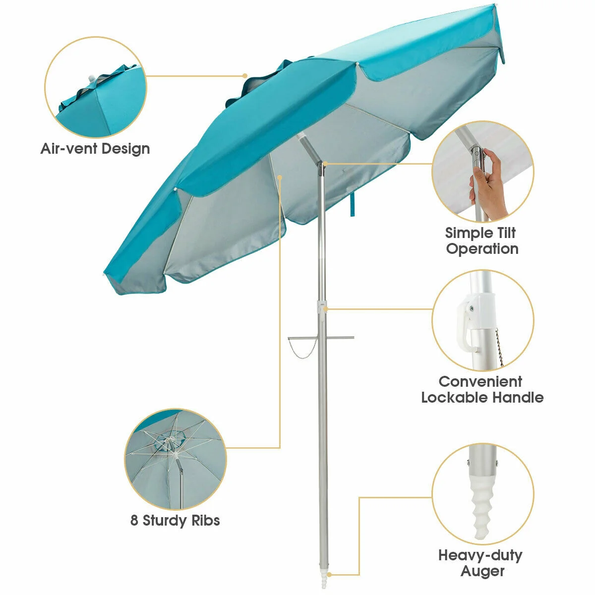 6.5 Feet Beach Umbrella, With Sun Shade And Carry Bag, Blue - Image 10