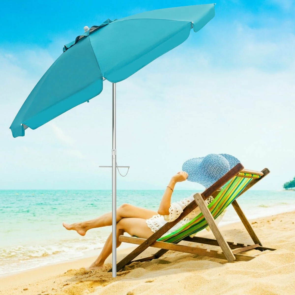 6.5 Feet Beach Umbrella, With Sun Shade And Carry Bag, Blue - Image 3
