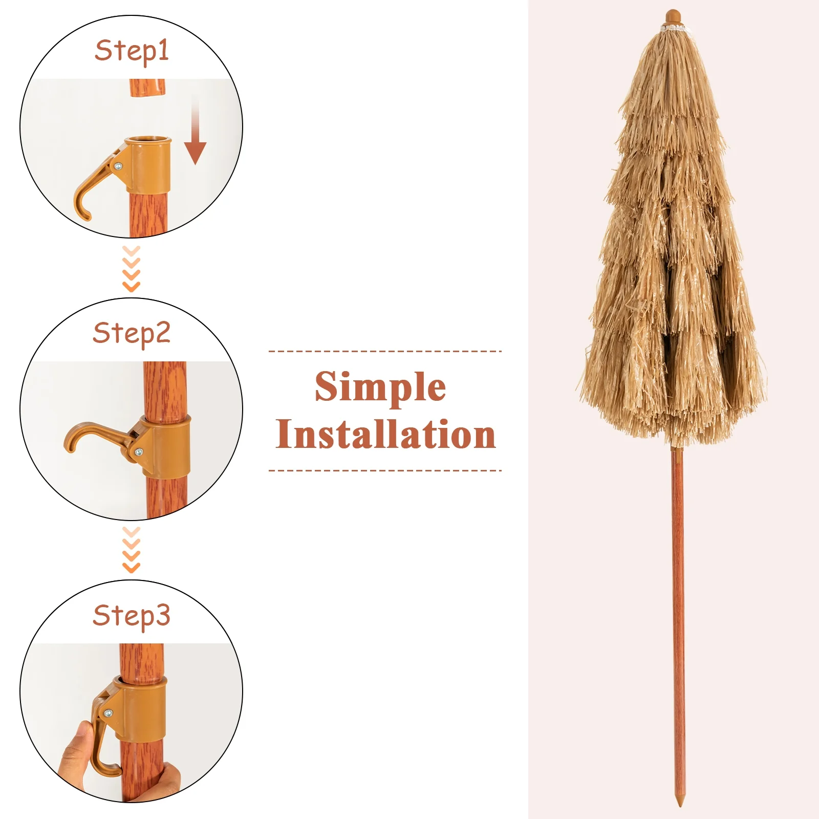 6.5 Feet Portable Thatched Tiki Beach Umbrella, Adjustable Tilt, Natural - Image 10