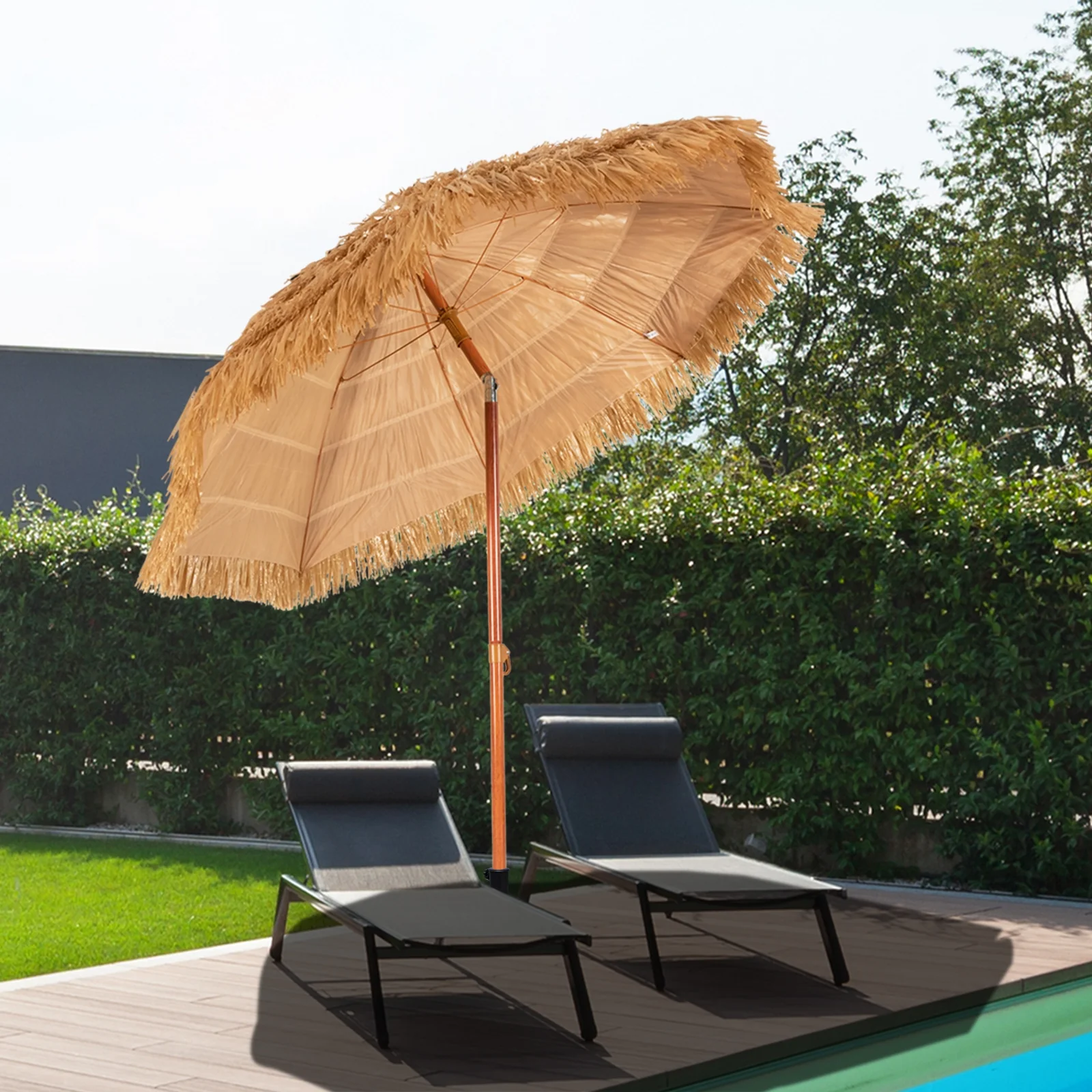 6.5 Feet Portable Thatched Tiki Beach Umbrella, Adjustable Tilt, Natural - Image 2