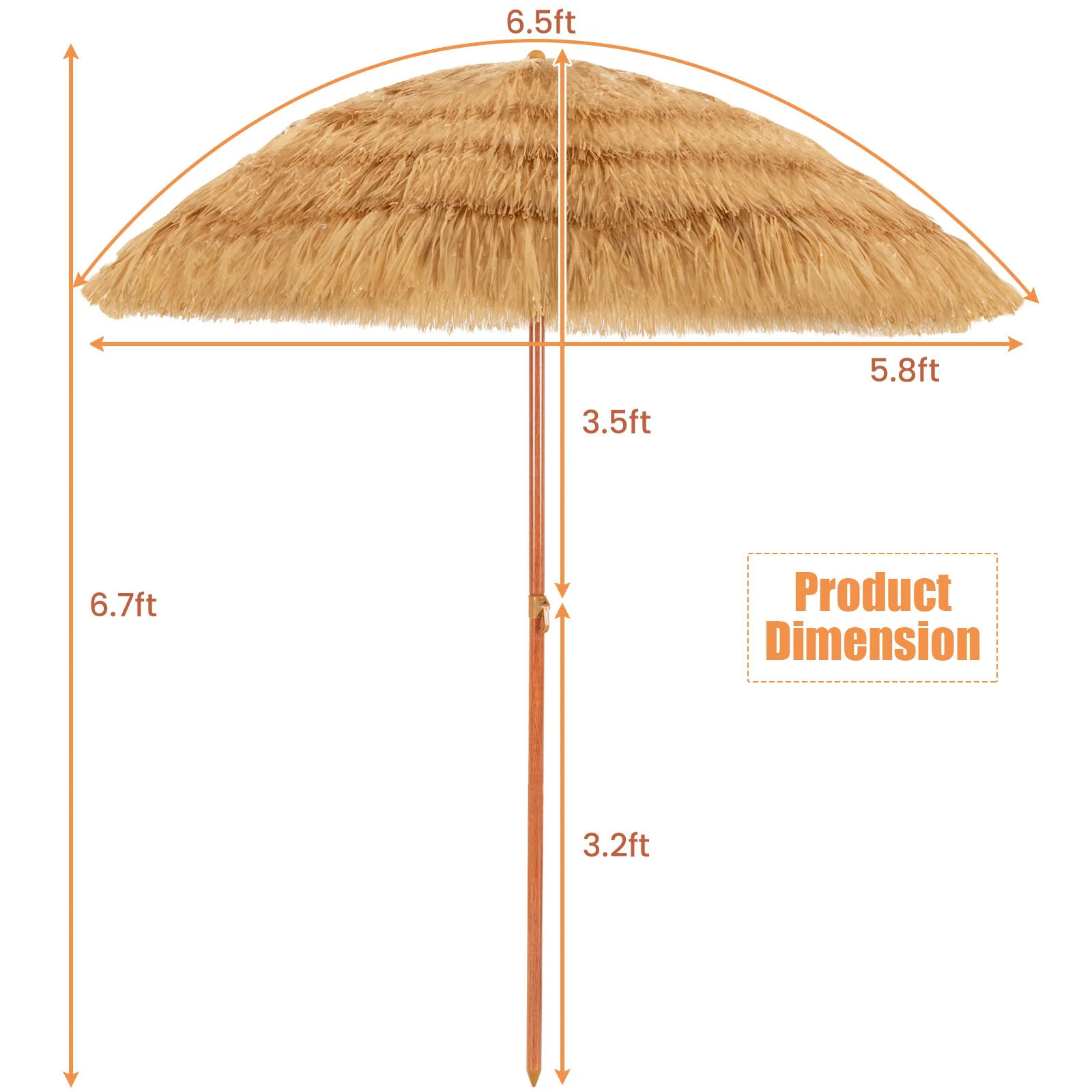 6.5 Feet Portable Thatched Tiki Beach Umbrella, Adjustable Tilt, Natural - Image 6