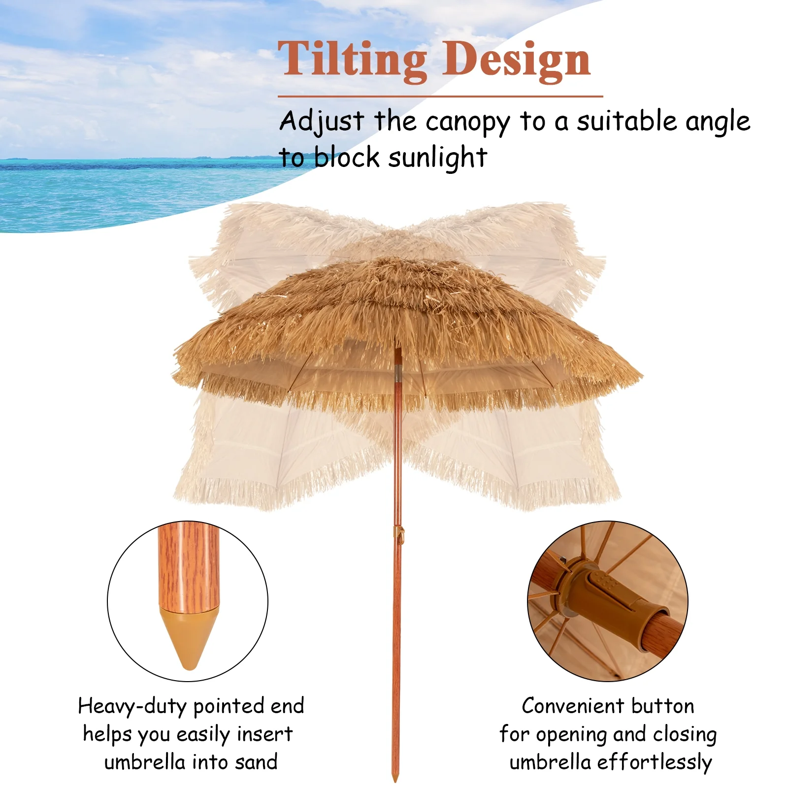 6.5 Feet Portable Thatched Tiki Beach Umbrella, Adjustable Tilt, Natural - Image 7