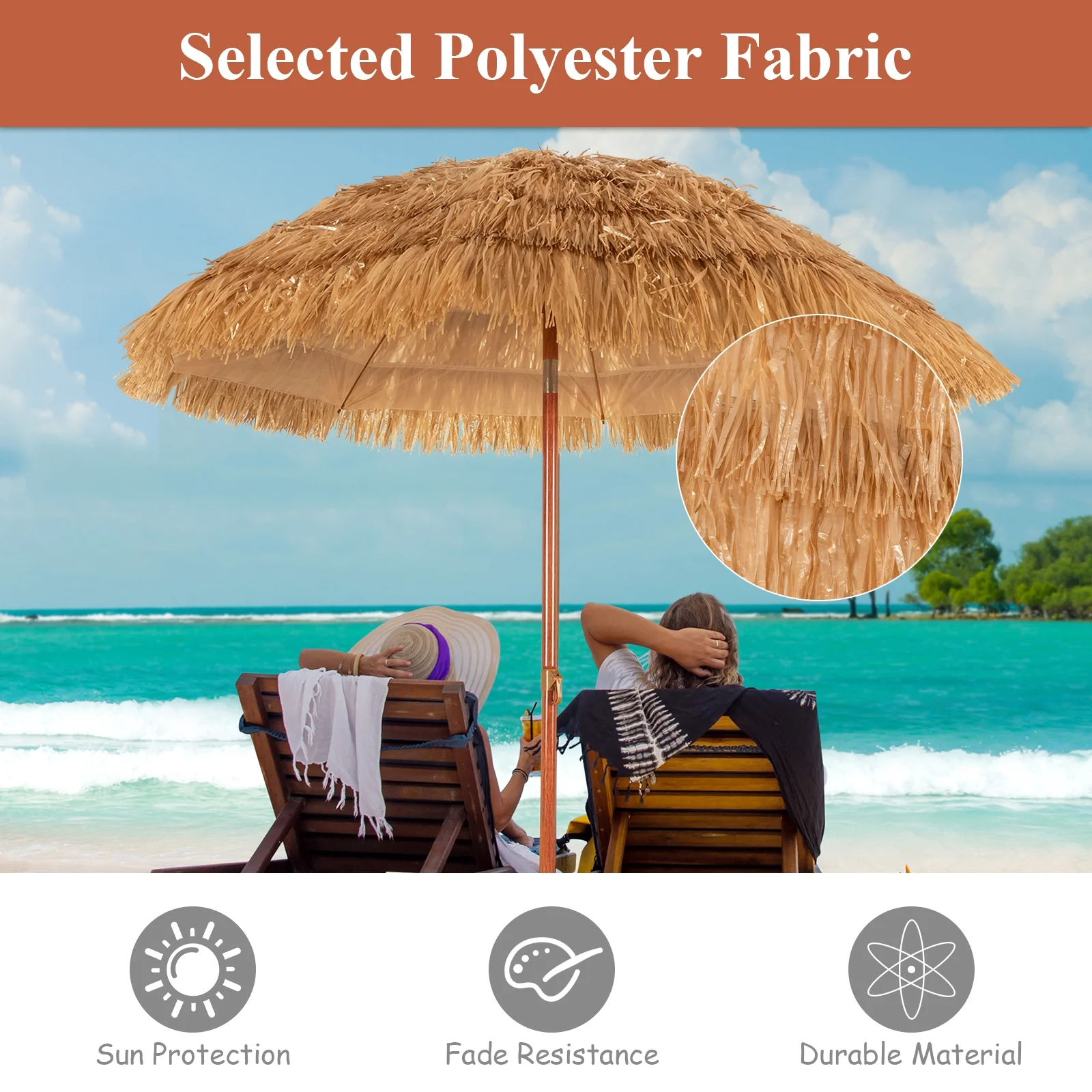 6.5 Feet Portable Thatched Tiki Beach Umbrella, Adjustable Tilt, Natural - Image 8