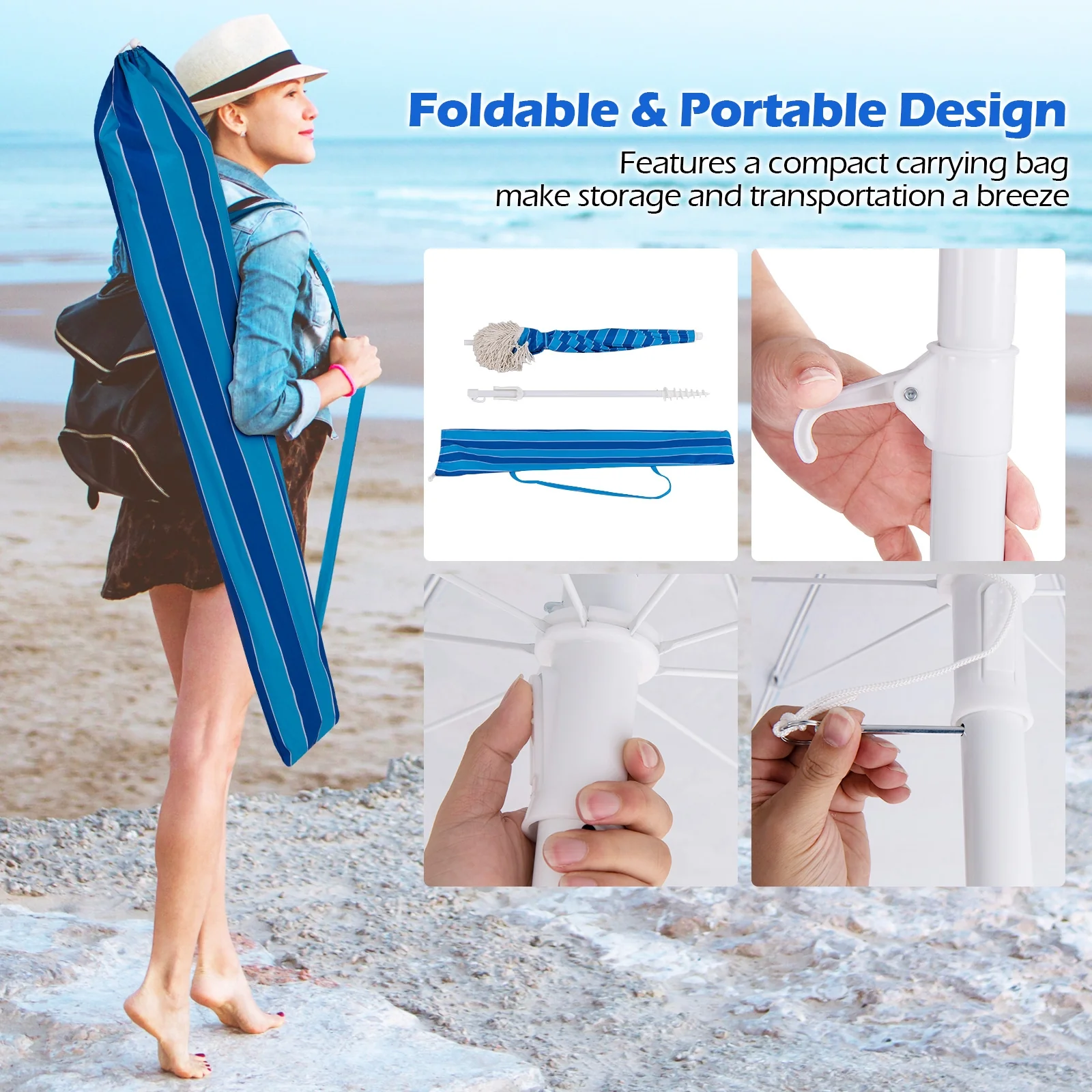 6.5 FT Beach Umbrella With Fringe, Push Button Tilt, Navy - Image 10