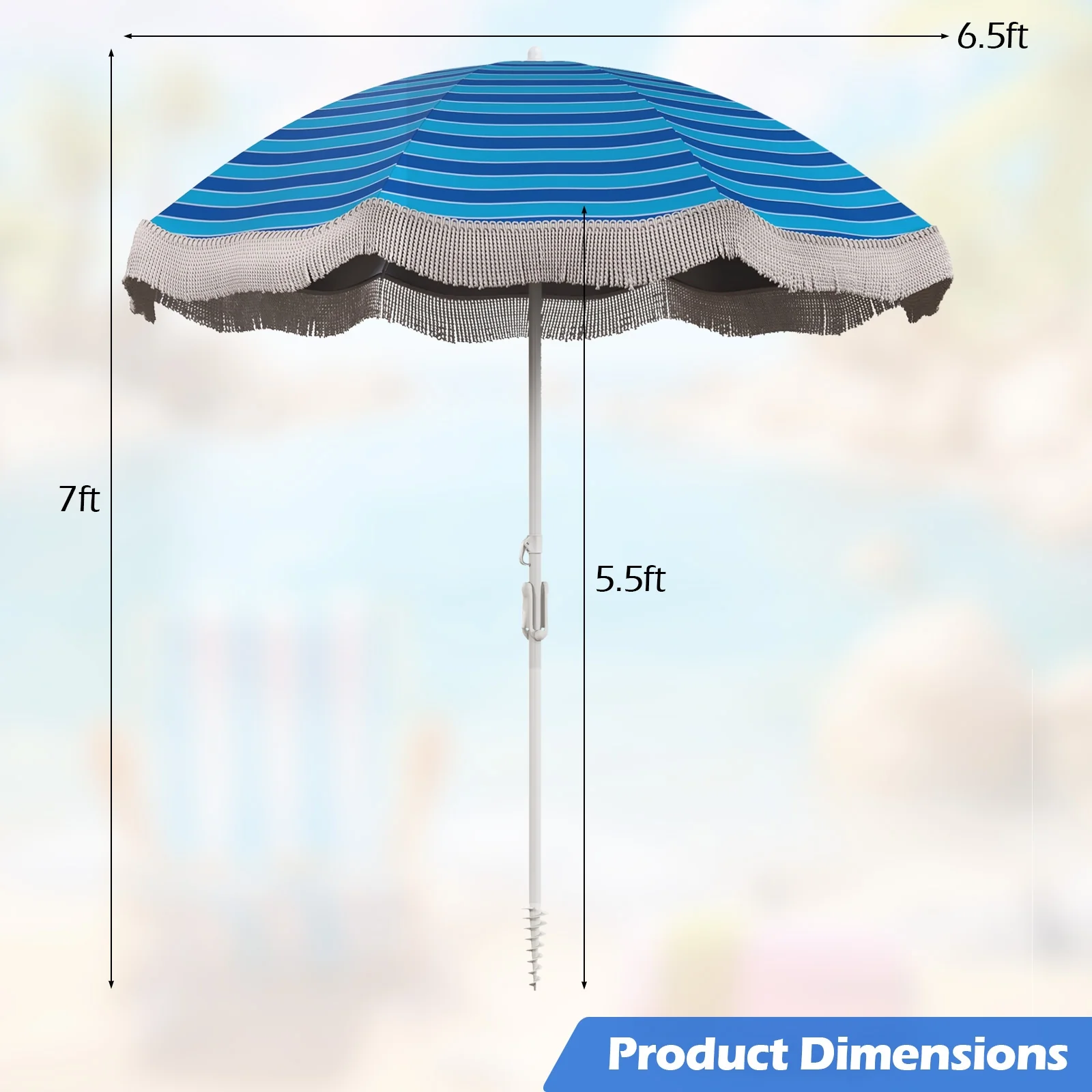 6.5 FT Beach Umbrella With Fringe, Push Button Tilt, Navy - Image 5