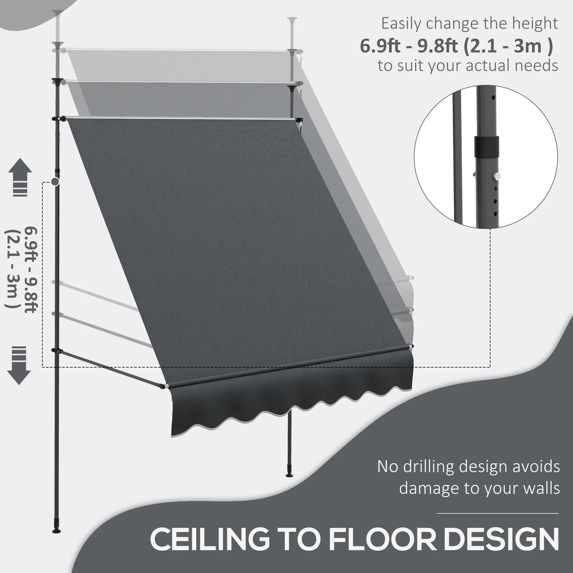 6.5' x 4' Manual Retractable Awning, Freestanding Patio, UV Resistant, Dark Grey - Image 4