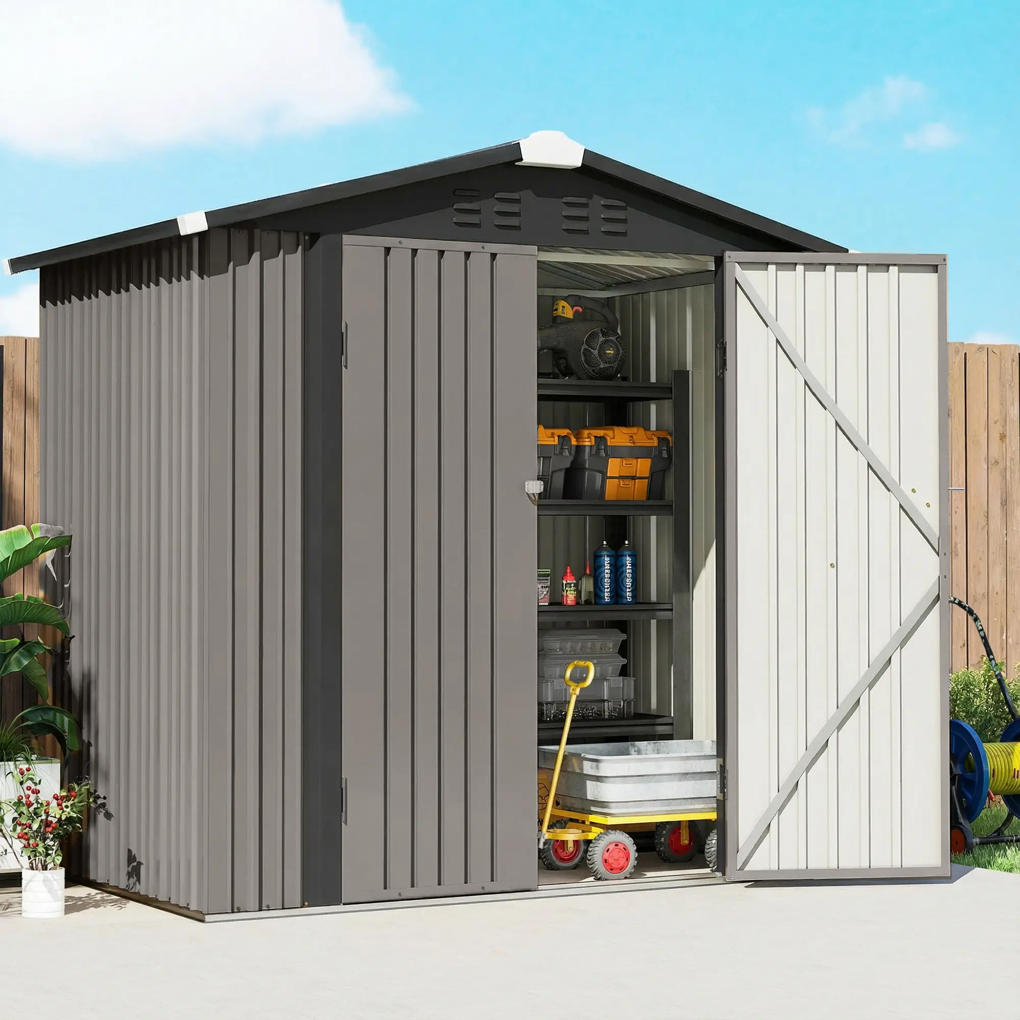 6.5' x 4' Outdoor Storage Shed, Metal Garden Shed, Light Grey - Image 10