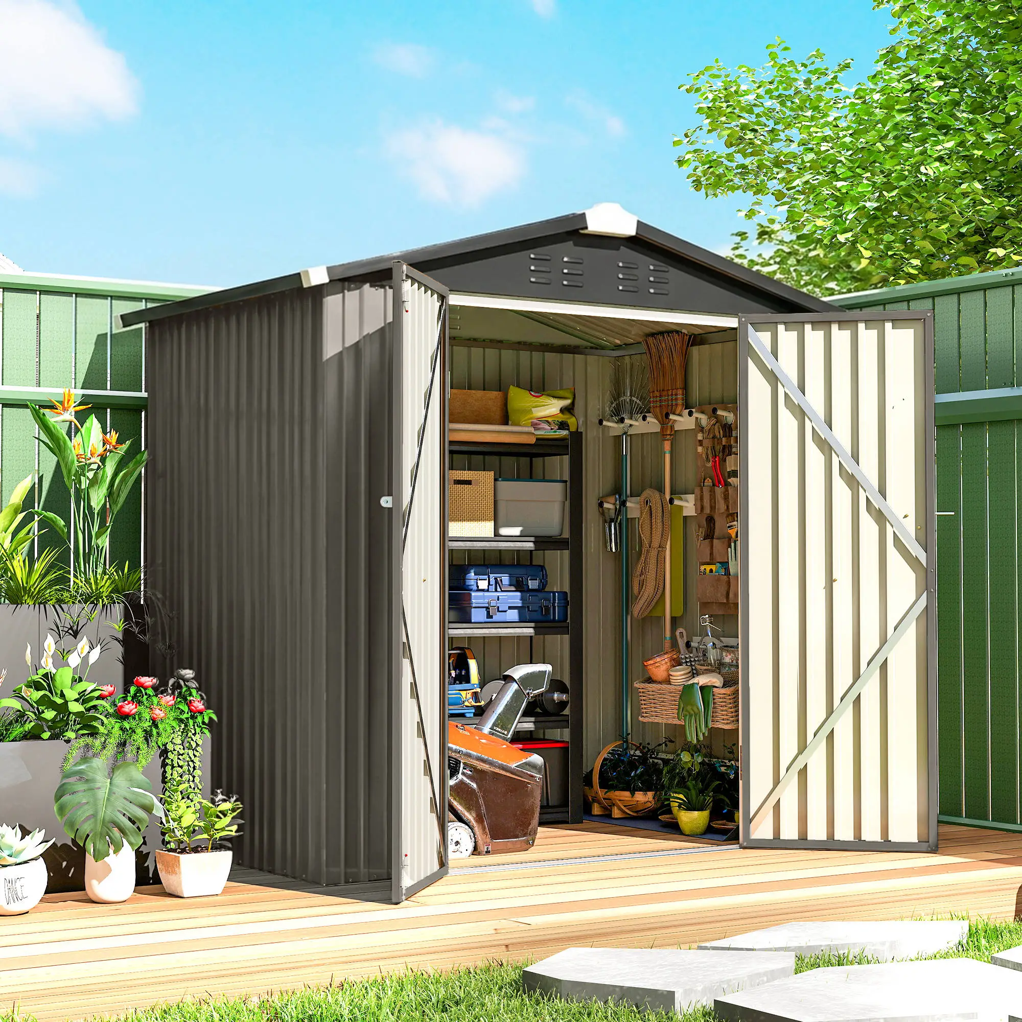 6.5' x 4' Outdoor Storage Shed, Metal Garden Shed, Light Grey - Image 2