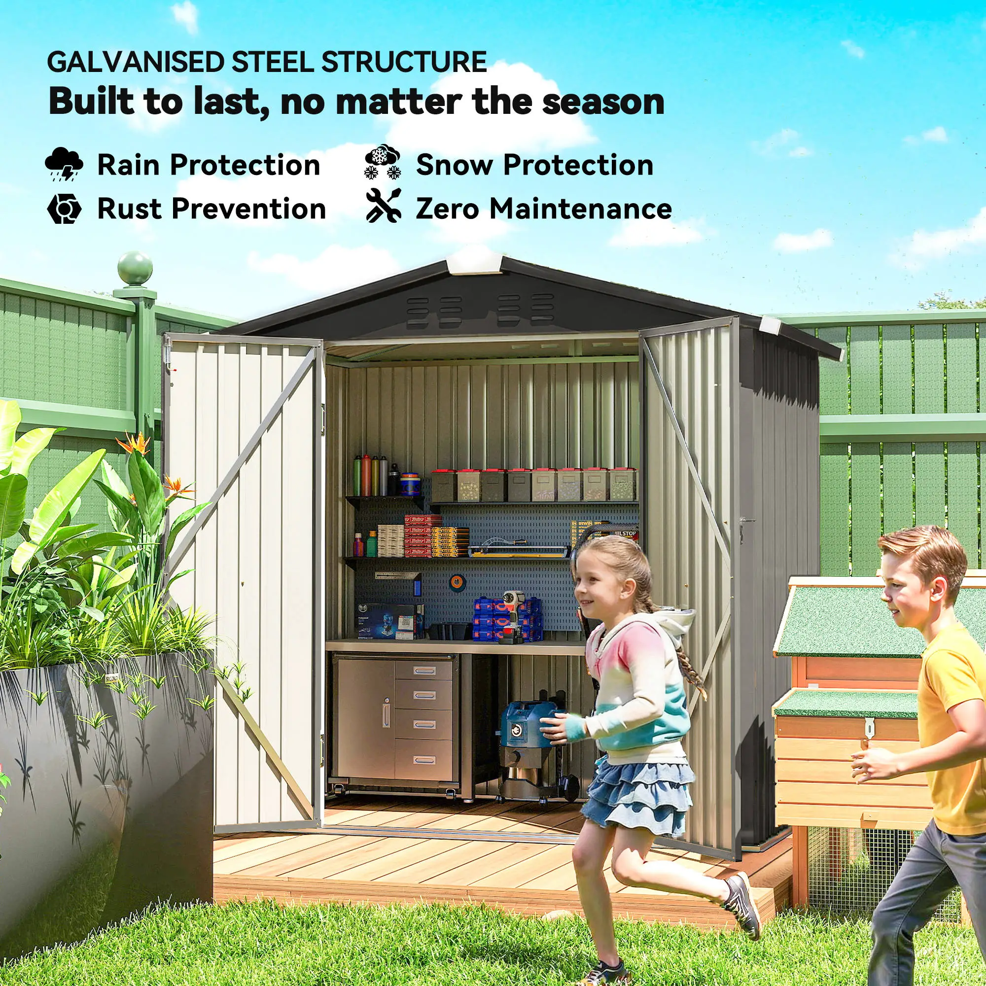 6.5' x 4' Outdoor Storage Shed, Metal Garden Shed, Light Grey - Image 4