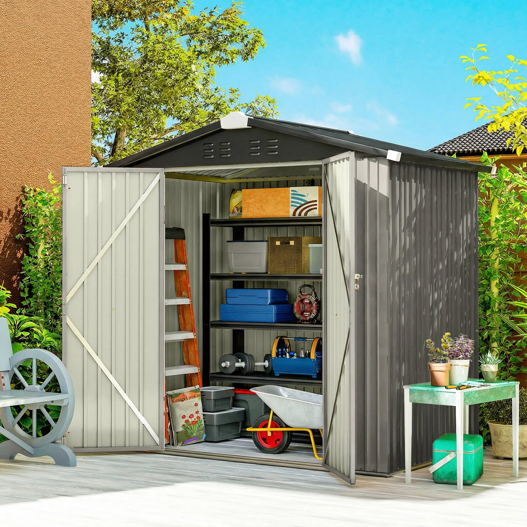 6.5' x 4' Outdoor Storage Shed, Metal Garden Shed, Light Grey - Image 8
