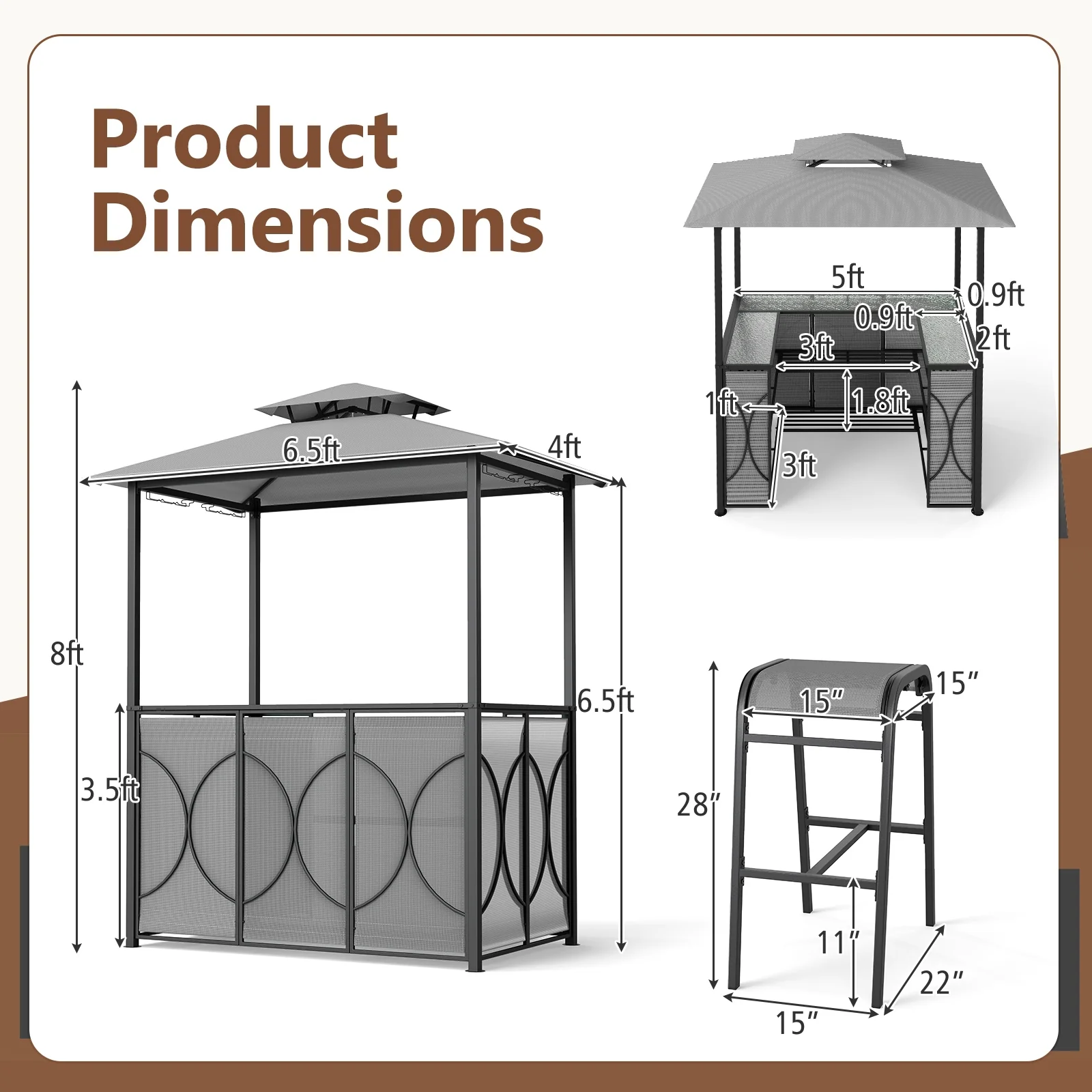 6.5 x 4 x 8 FT Grill Gazebo Set, With Bar Table And Stools, Gray - Image 5