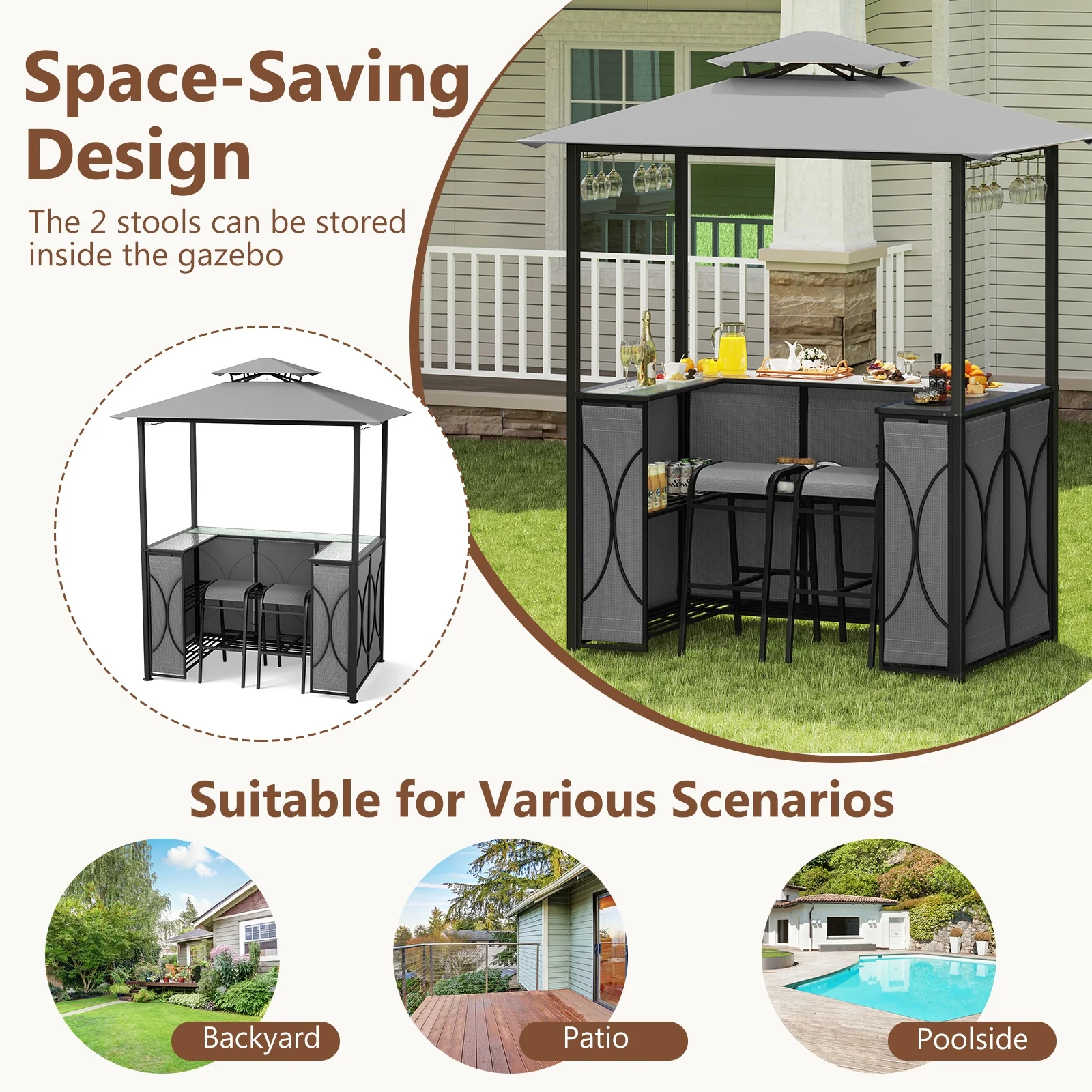 6.5 x 4 x 8 FT Grill Gazebo Set, With Bar Table And Stools, Gray - Image 7