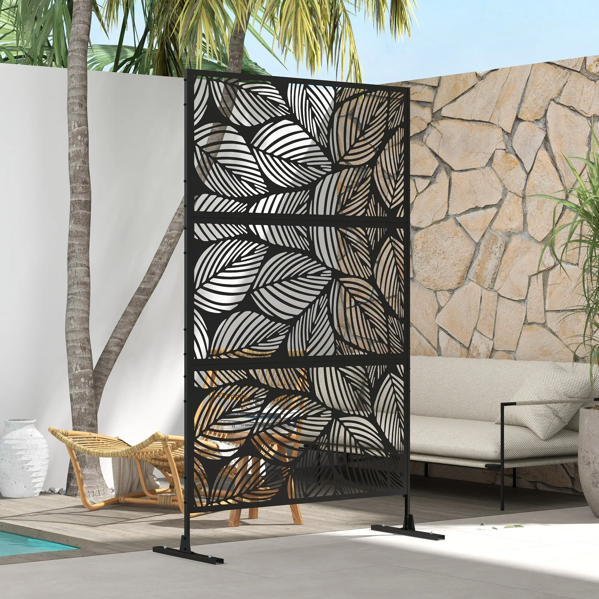 6.5FT Metal Privacy Screen, Leaf Style, Black - Image 2