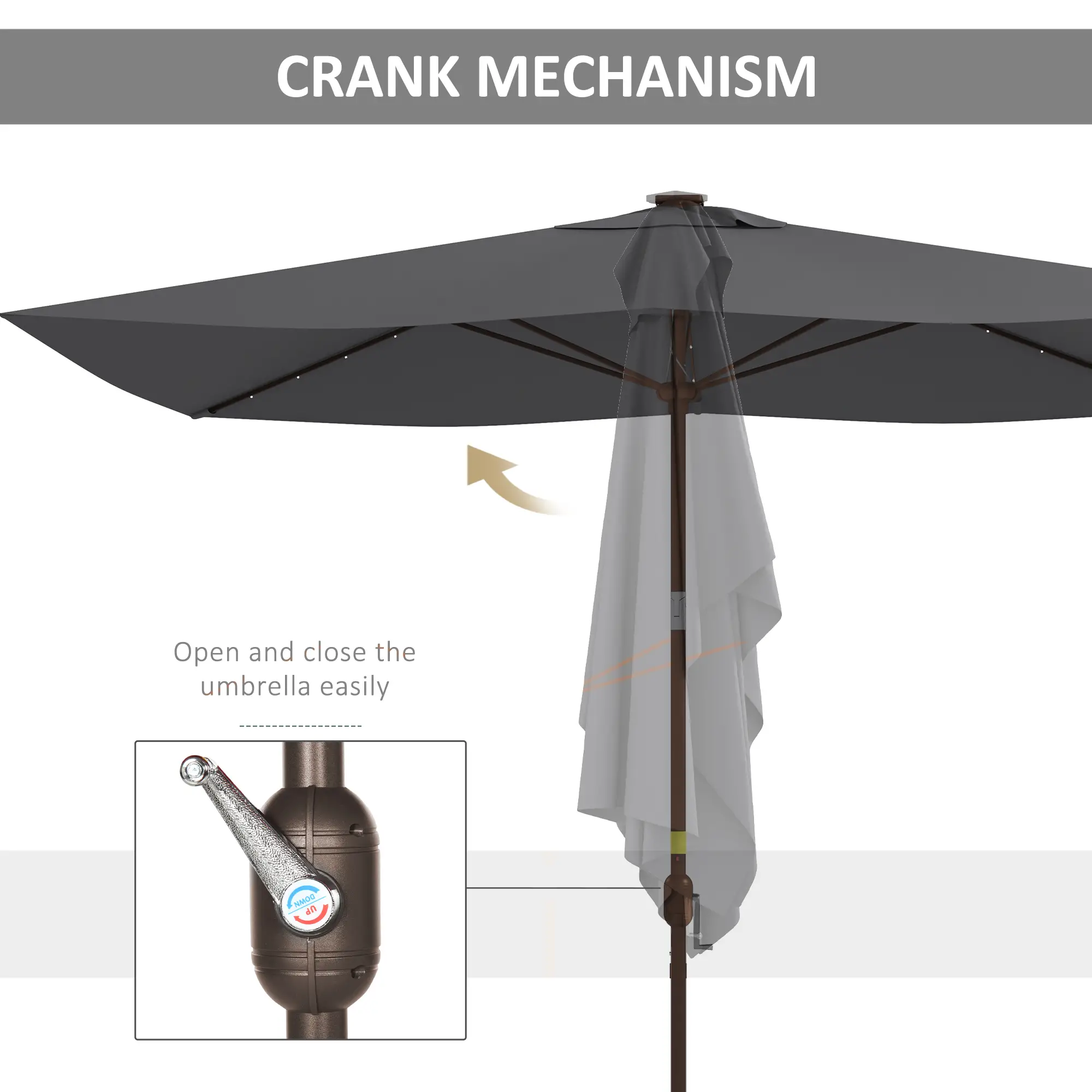 6.5x10ft Dark Grey Tilt Aluminum Patio Umbrella, Solar Powered LEDs, Dark Grey - Image 7