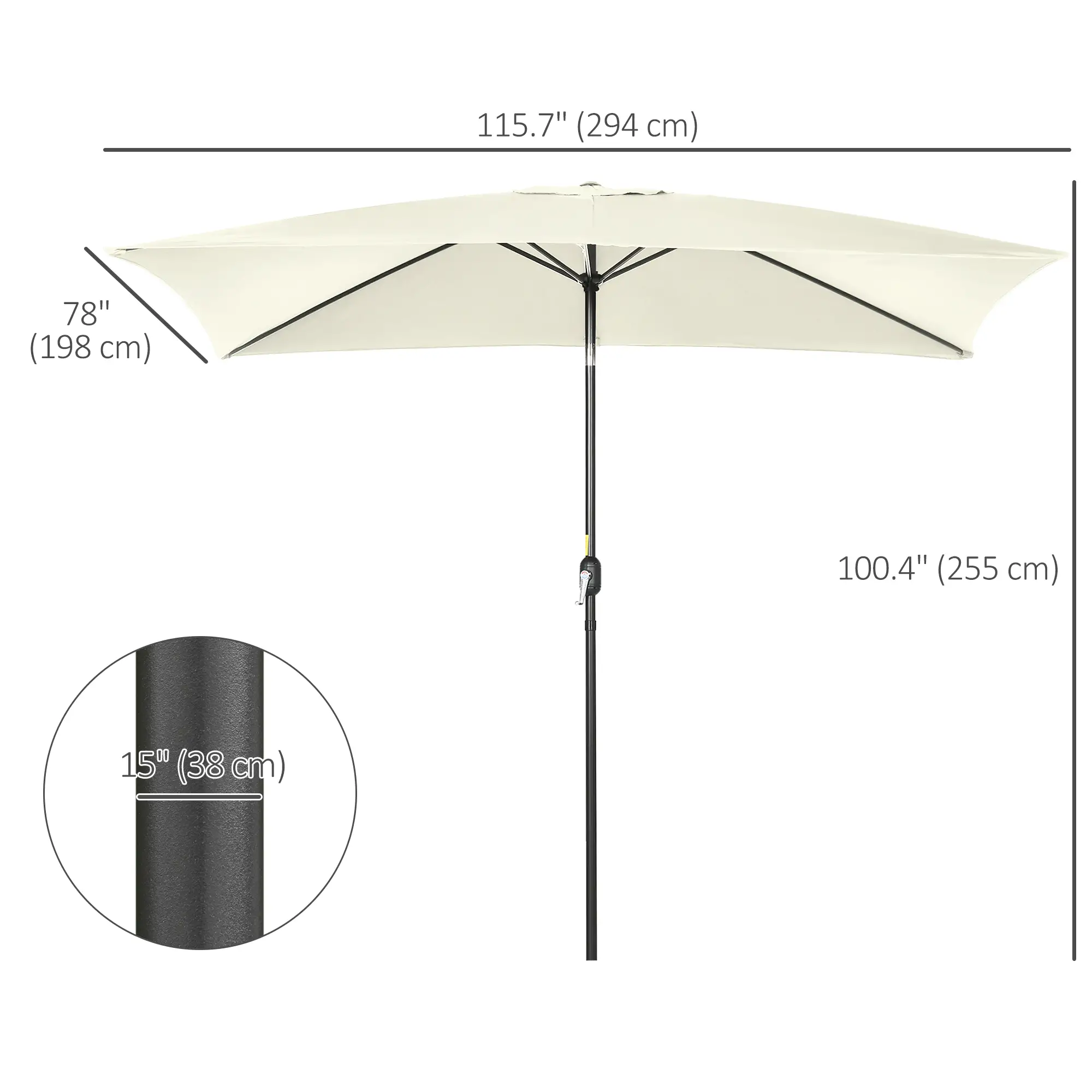 6.5x10ft Rectangle Aluminum Patio Umbrella, Outdoor Sunshade Canopy, Cream White - Image 3