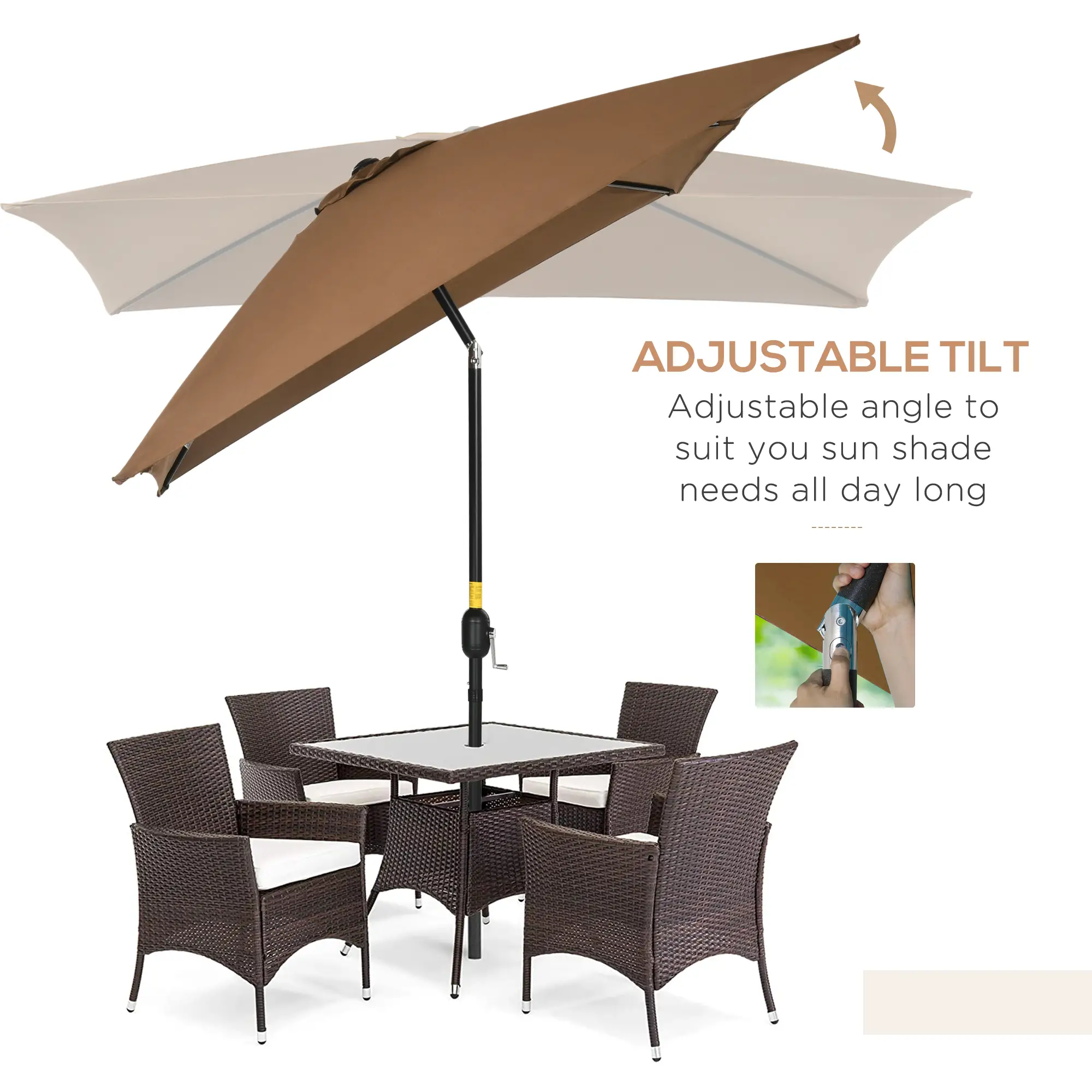 6.5x10ft Rectangle Aluminum Tilt Patio Umbrella, Outdoor Sunshade Canopy with Crank - Image 4